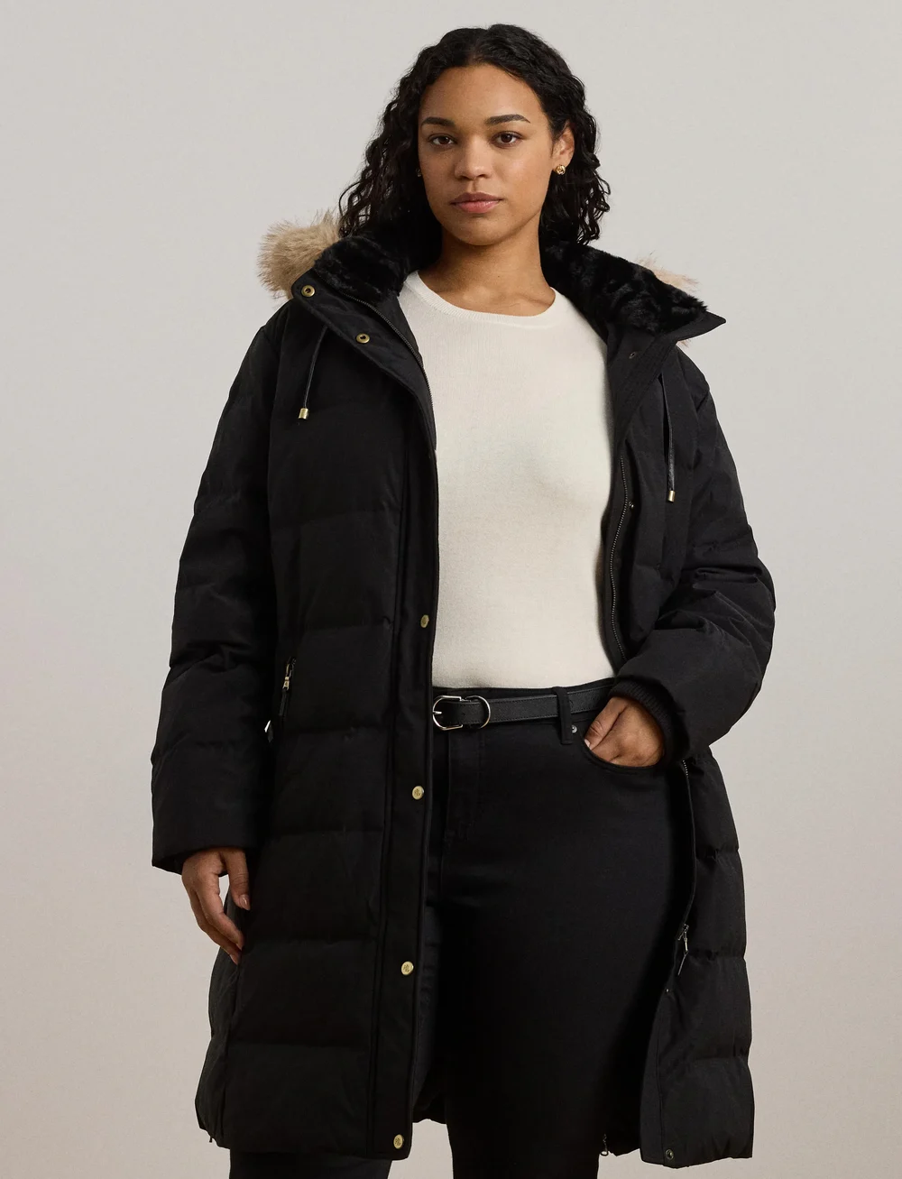 Lauren Women - Faux-Fur-Trim Hooded Down Coat - wollmäntel - black - 0