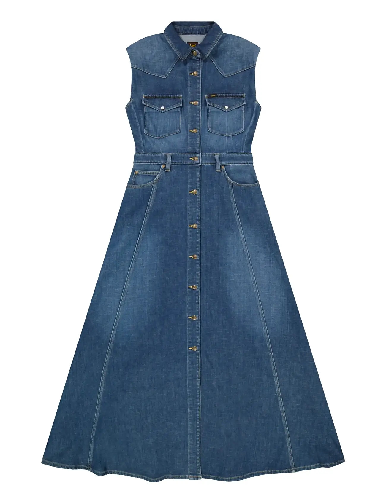knee length dresses for ladies Amila Denim Cupped Maxi Dress / Indigo Blue | Meshki