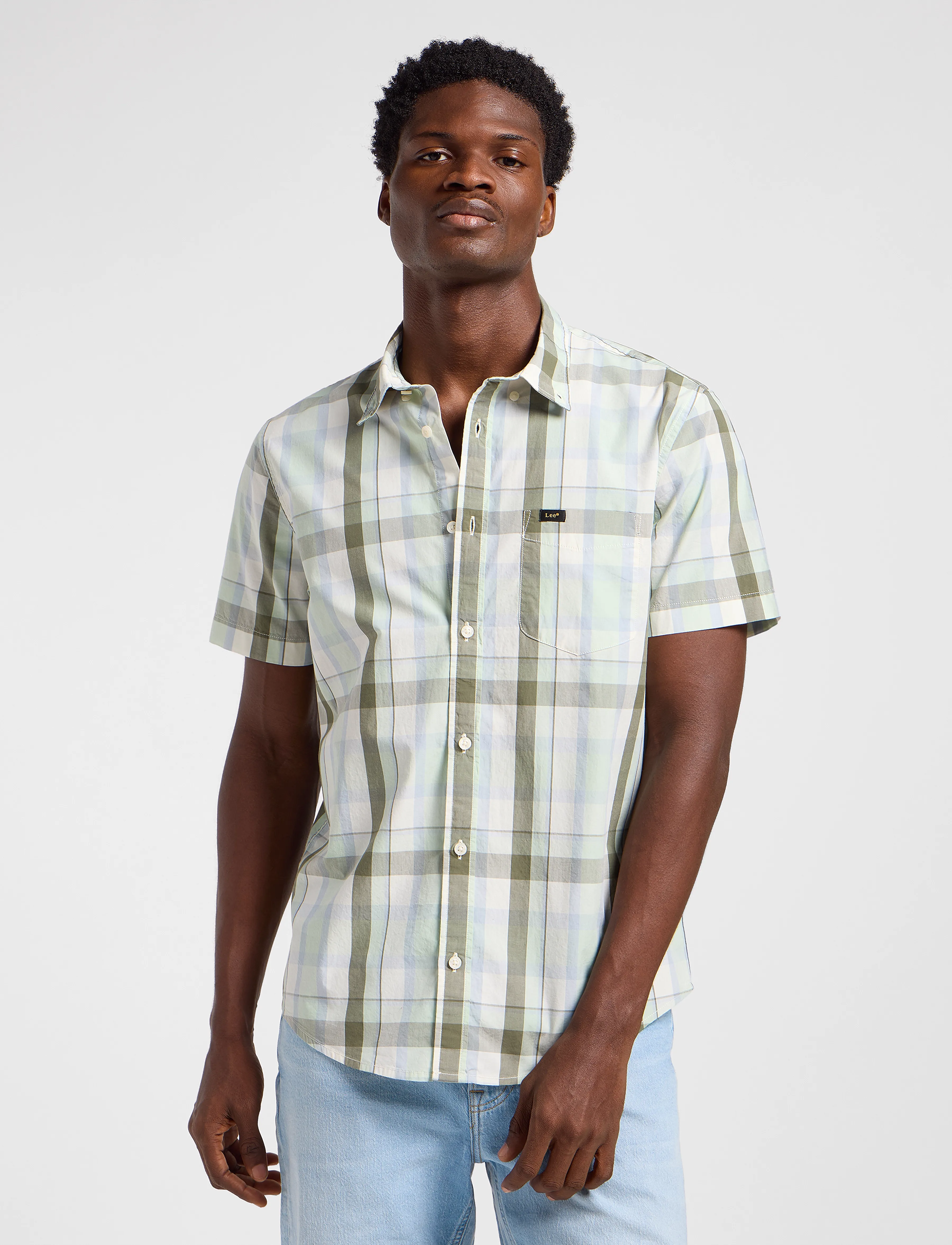 Lee Jeans Lee Button Down Ss, Mænd, Plaid Kortærmet Button Down Skjorte, Grøn, Str: M