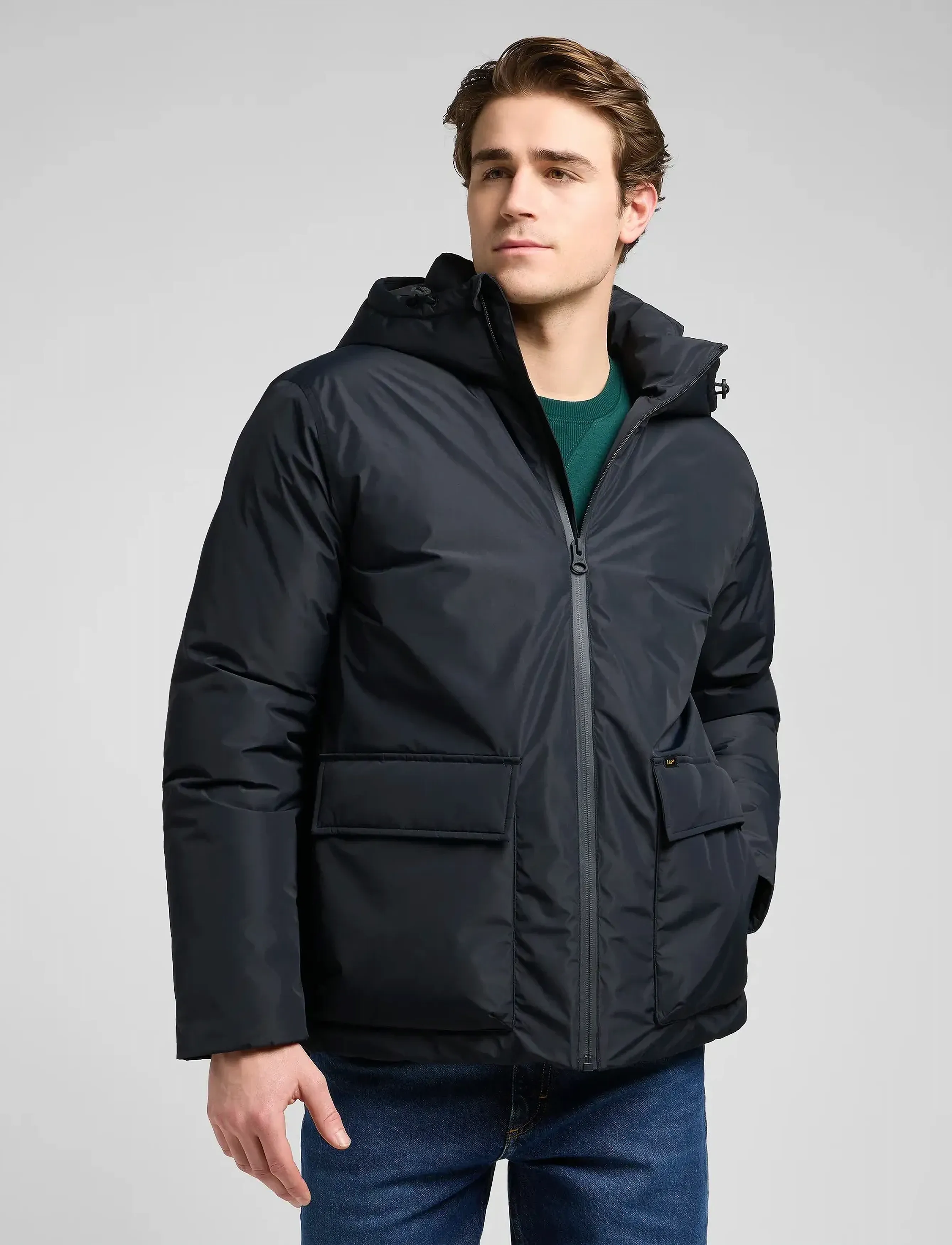 Lee Jeans Hooded Short Puffer, Kort Hætte Pufferjakke, Sort, Str: S