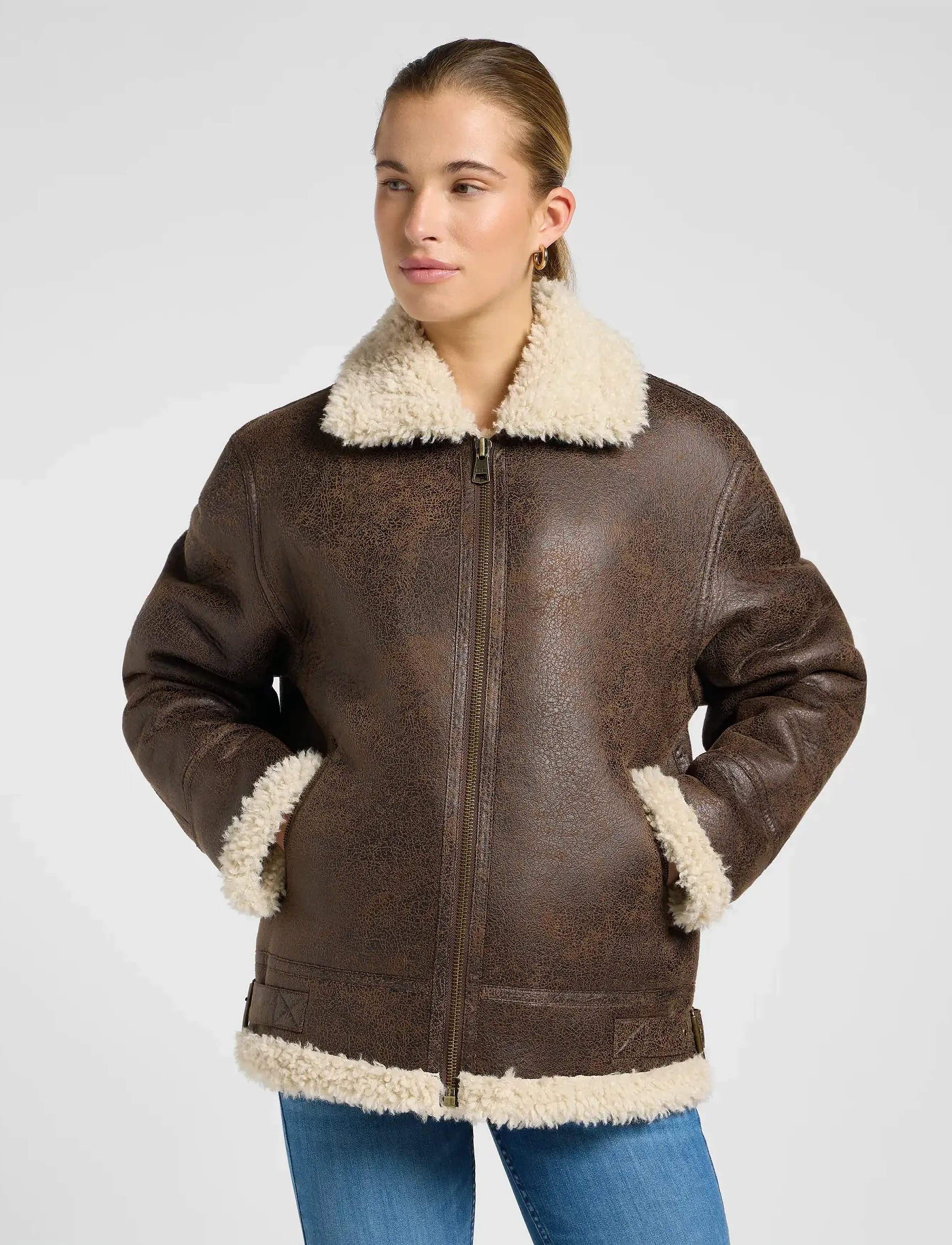 Lee Jeans Aviator Jacket, Kvinder, Aviator Jakke, Brun, Str: XS