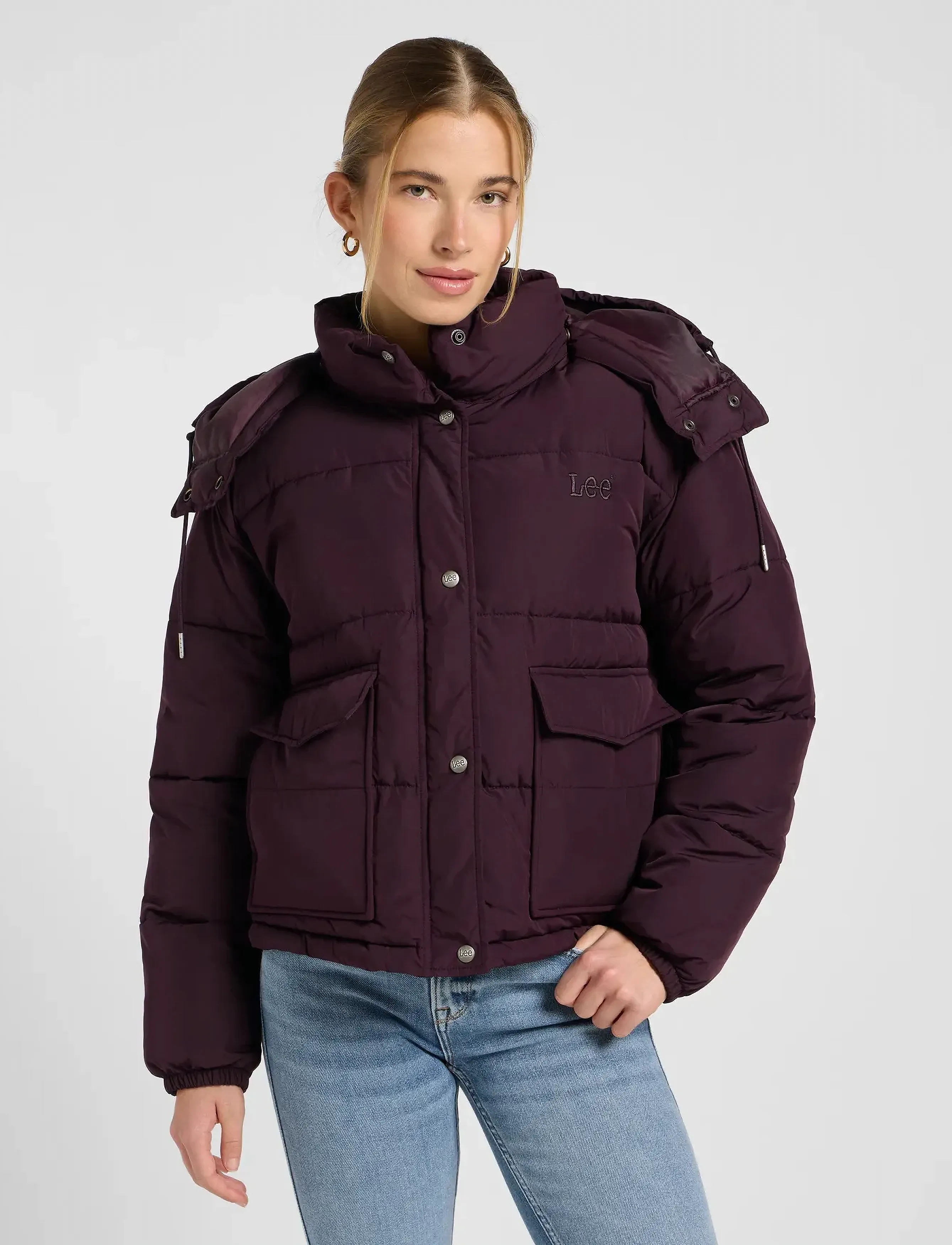 Lee Jeans Short Puffer With Hood, M, Jackets, Burgunderrot - Padded Jacket, Frauen