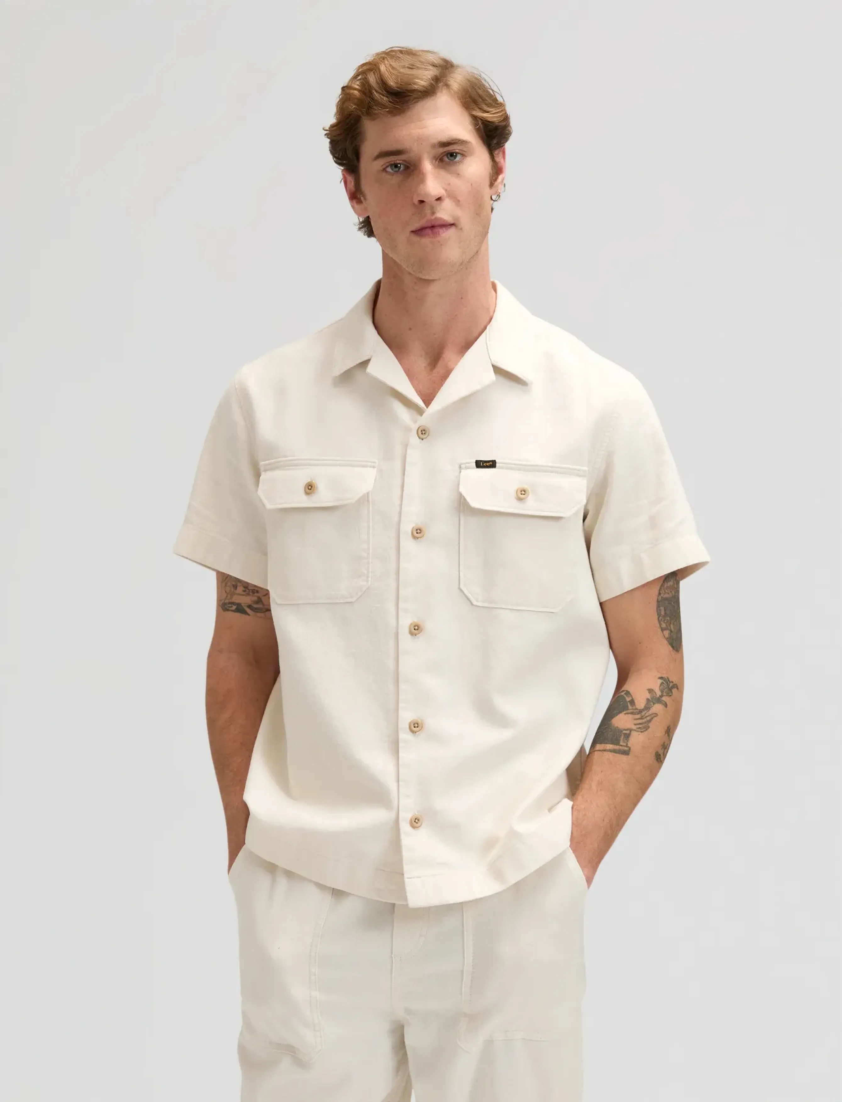 Lee Jeans Ss Utility Camp Shirt, XXL x 00, Cream, Skjorter > Kortærmede Shirts, Herre