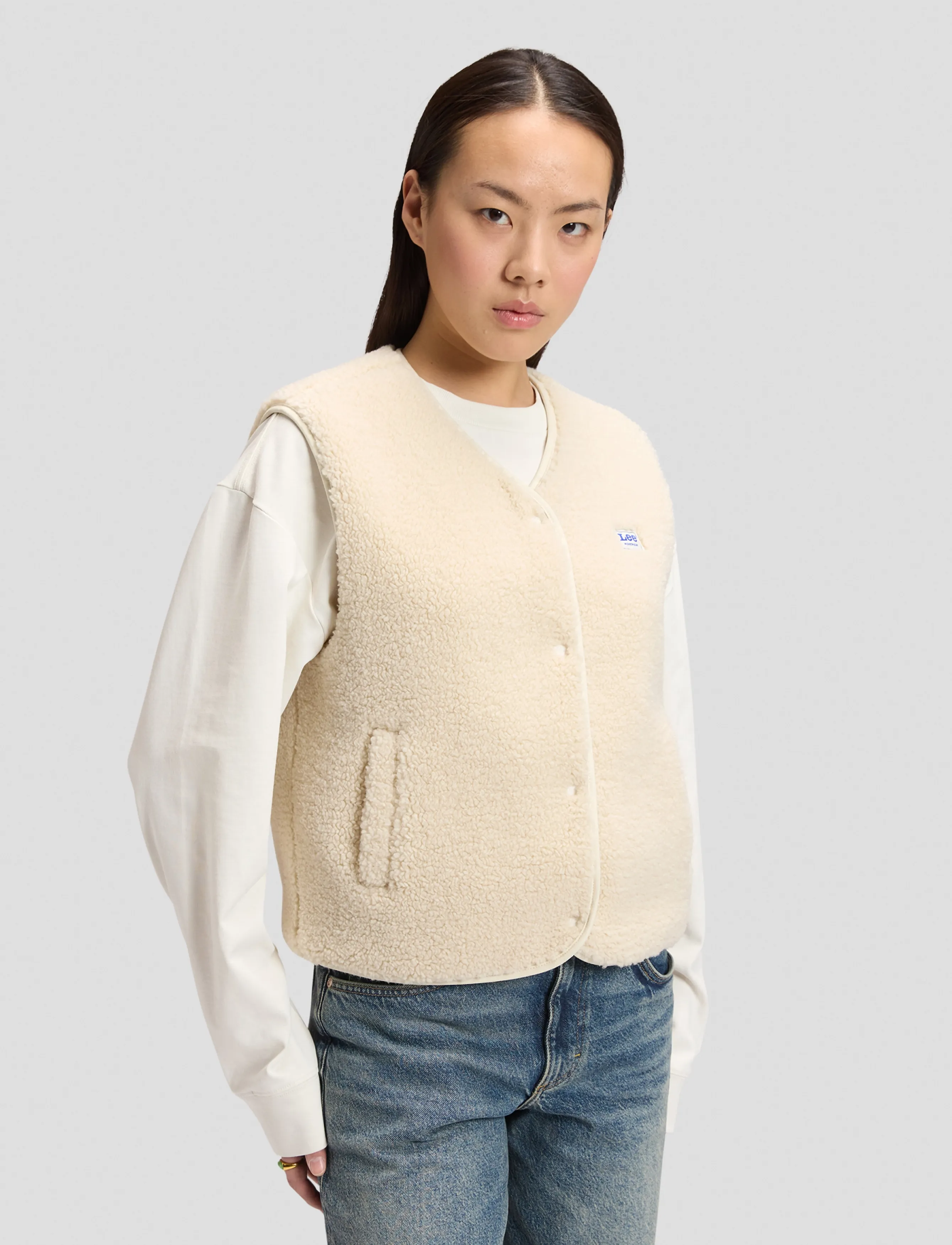 Lee Jeans Short Sherpa Vest, XL x 00, Cream, Veste > Fleece & Teddy Veste, Dame