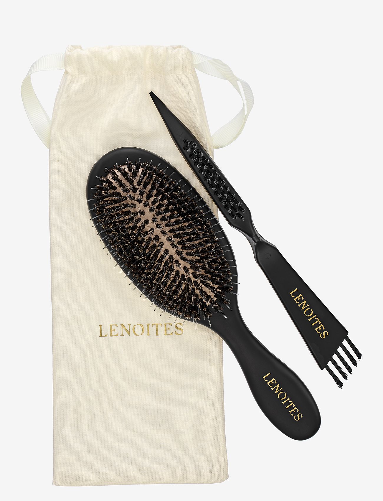 Lenoites - Hair Brush Wild Boar with pouch and cleaner tool - lapioharjat - black - 0