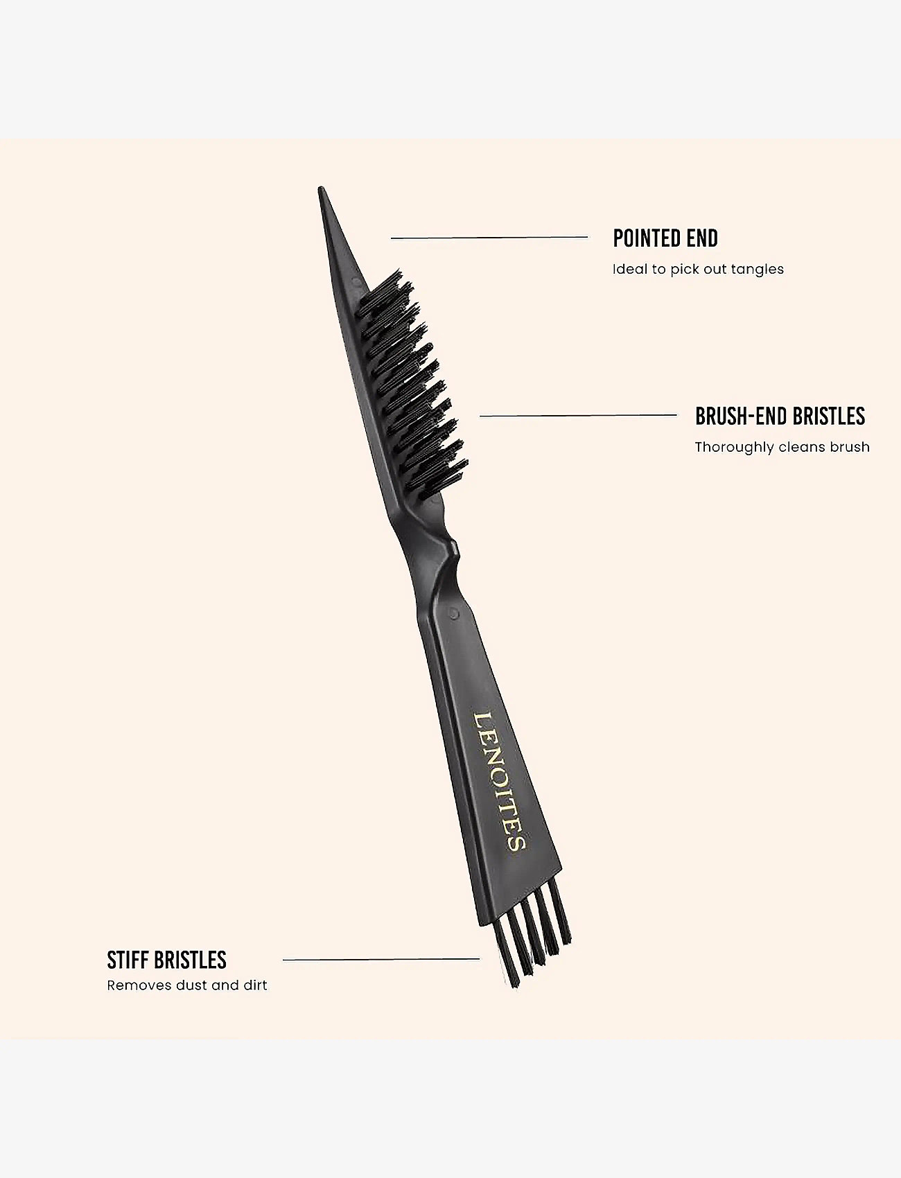 Lenoites - Wild Boar Hair Brush With Cleaning Tool - plakanas matu sukas - black - 3