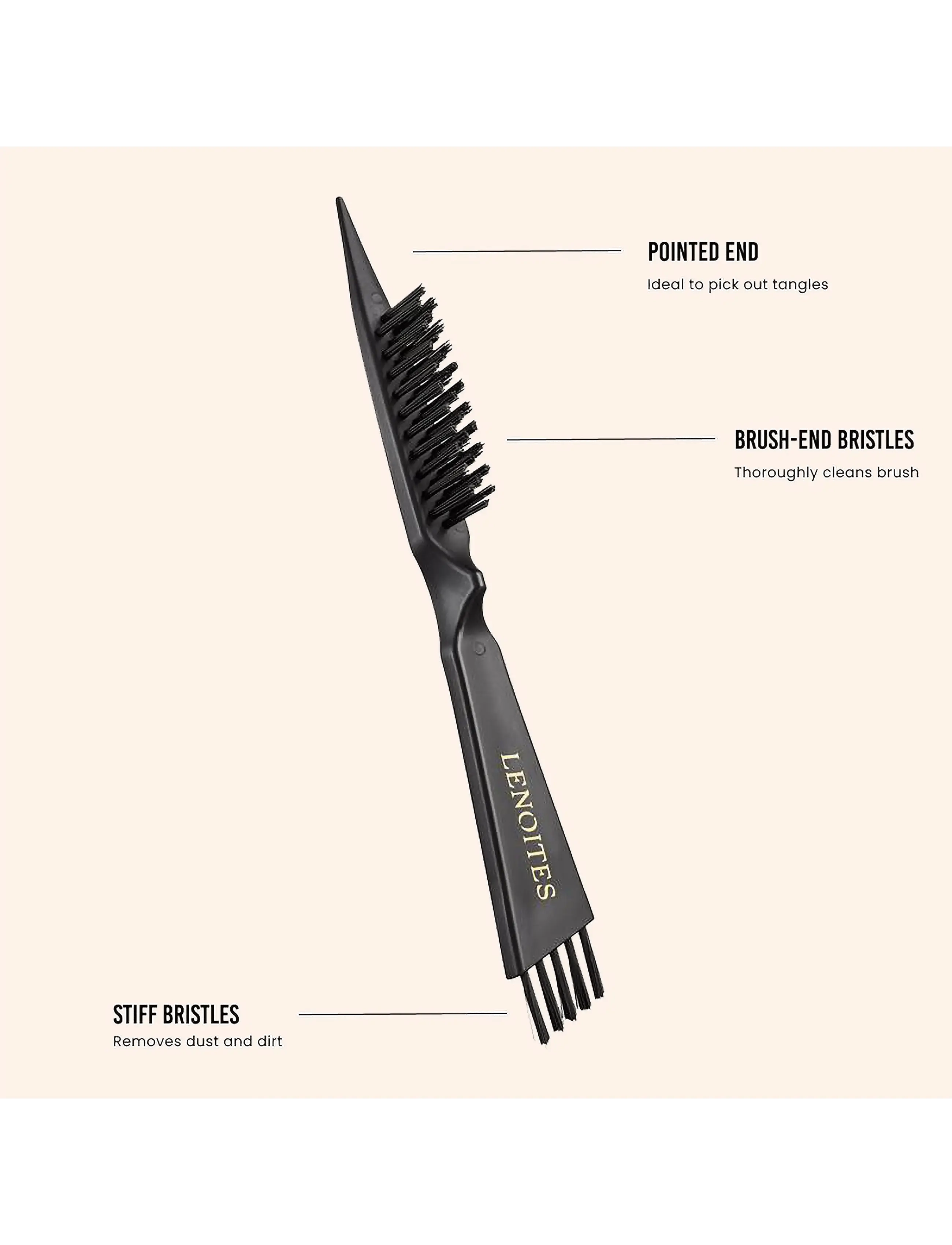 Lenoites - Wild Boar Hair Brush With Cleaning Tool - paddelbørster - black - 3