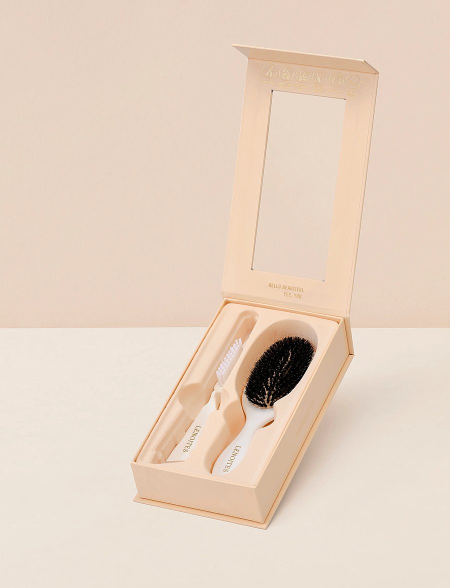 Lenoites - Hair Brush Wild Boar with pouch and cleaner tool White - white - 5