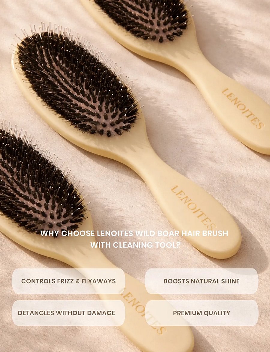 Lenoites - Wild Boar Hair Brush with Cleaning Tool - Limited Edition - butter yellow - 3