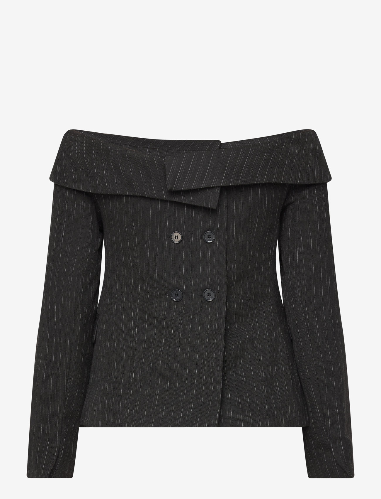 Les Coyotes De Paris - Off shoulder suiting top - kahes joones nööpidega bleiserid - black pinstripe - 1