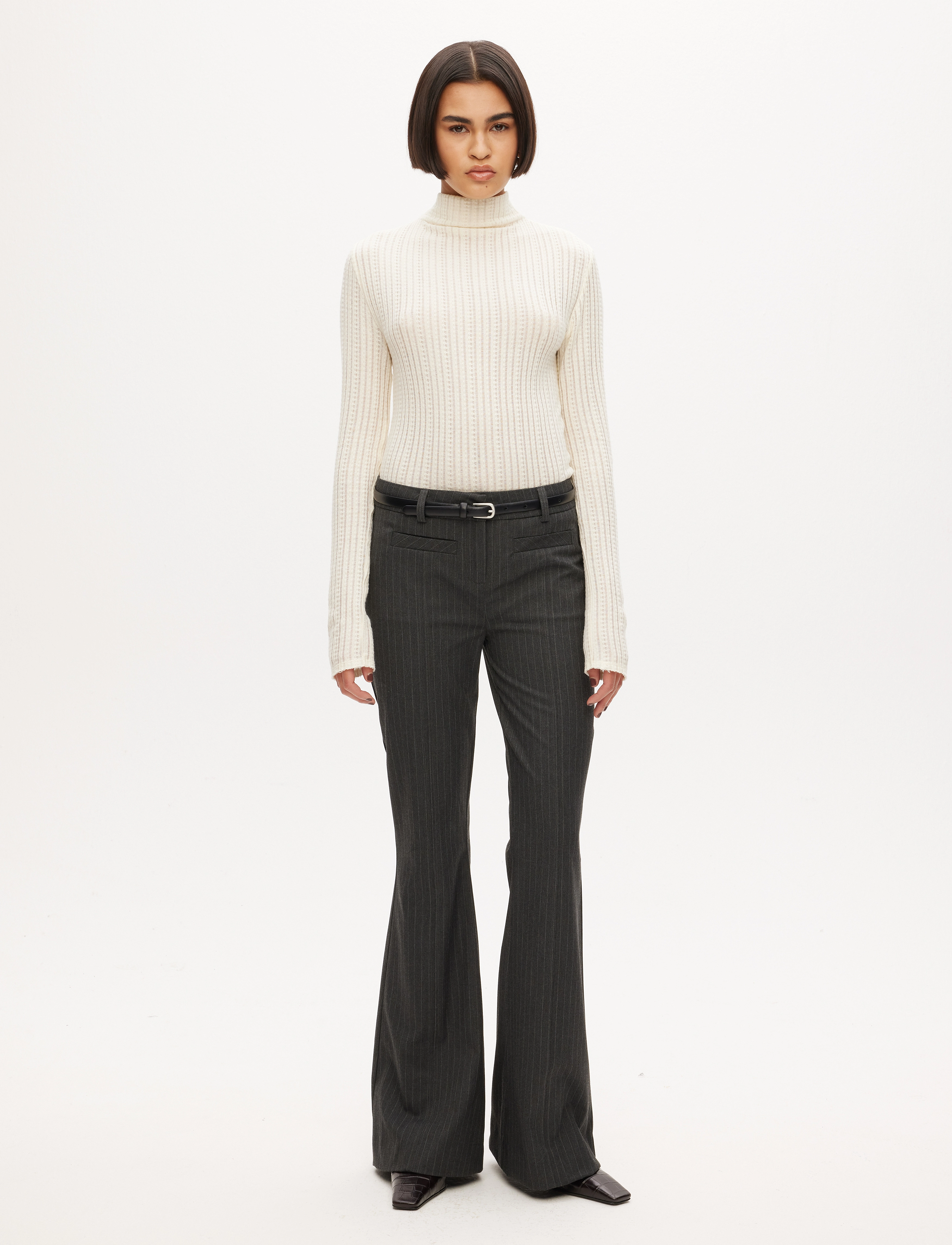 Les Coyotes De Paris - Mid waist flare trousers - women - grey pinstripe - 4