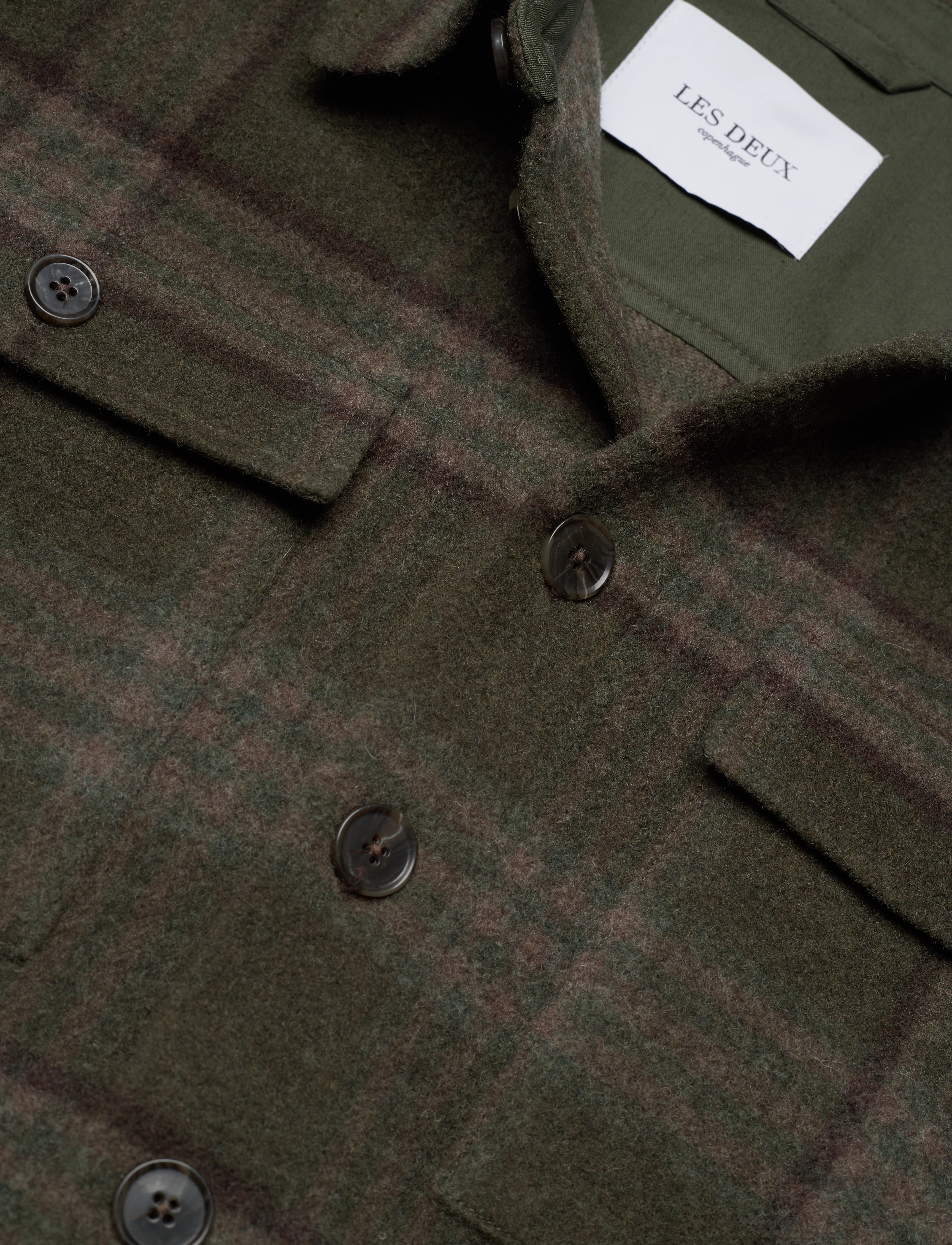 Les Deux - Kyle Check Wool Hybrid Shirt - olive night/dark sand - 2