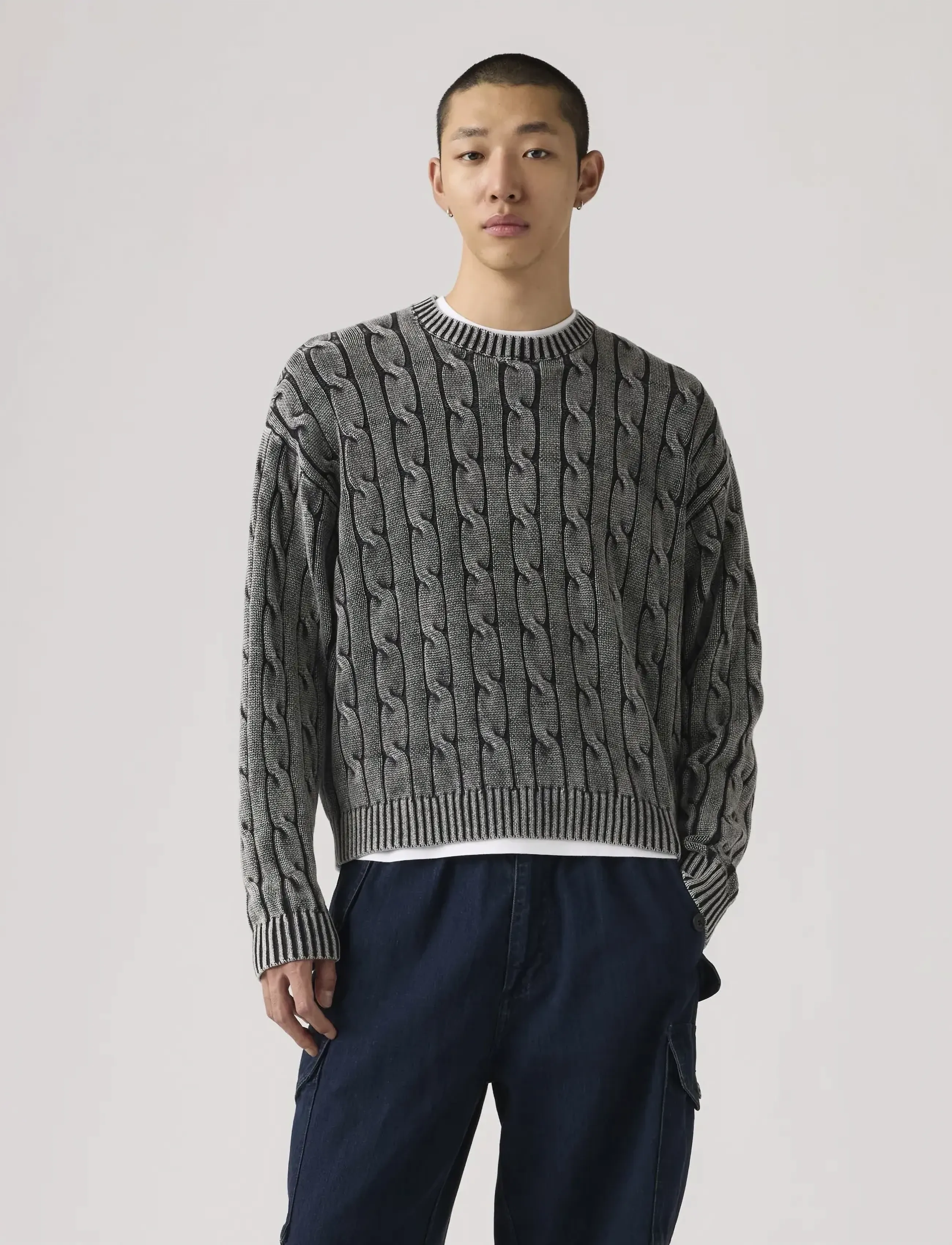 Levi's Carmel Cable Crew Rib 5G, M, Knitwear, Grau - Round Necks, Männerswear