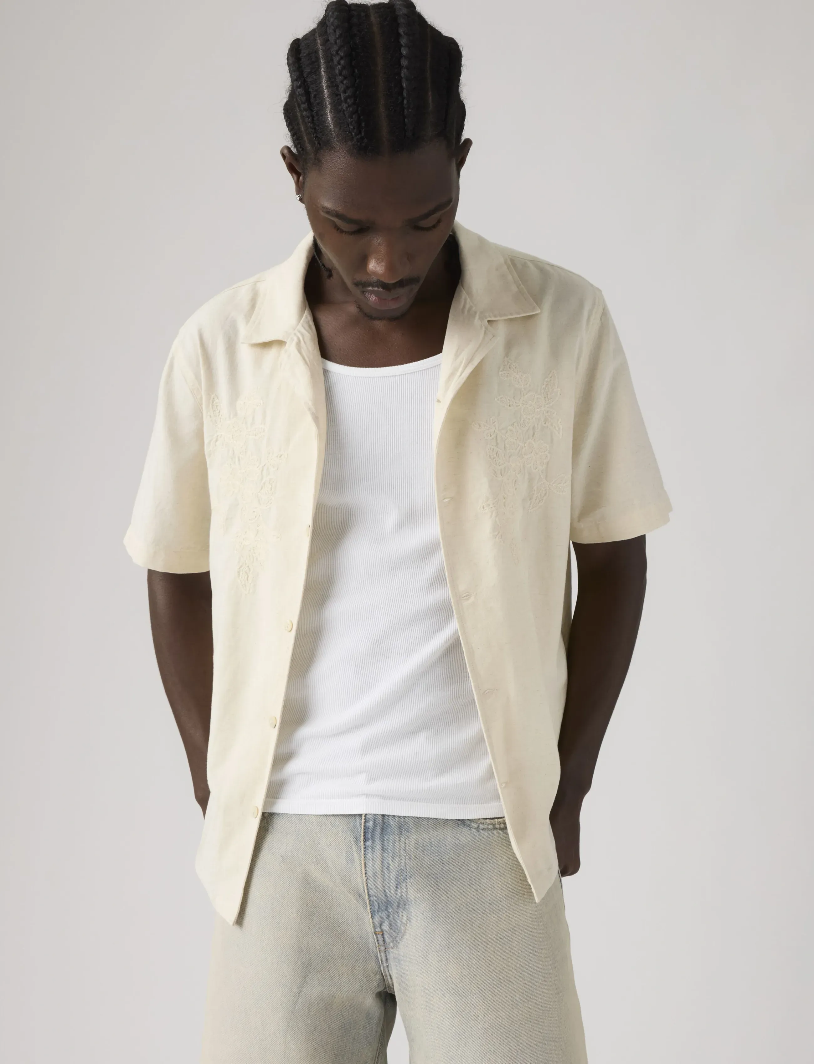 Levi's Sunset No Pkt Camp Standard Oa, Mænd, Broderet Camp Skjorte, Cream, Str: M
