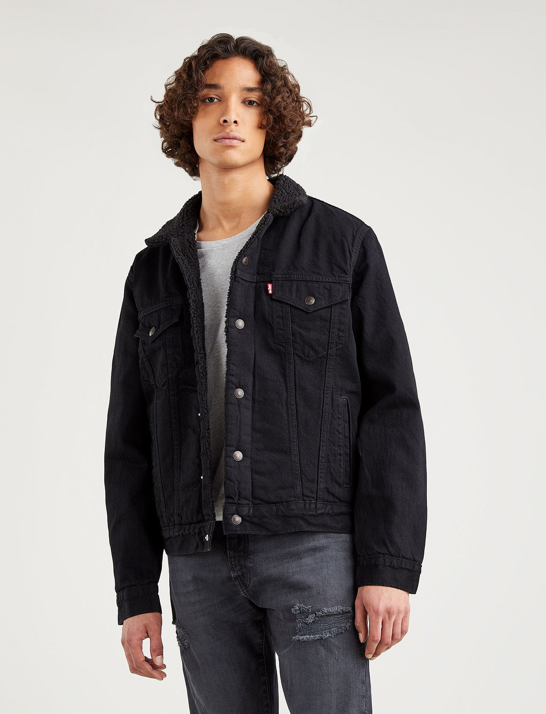 Levis black denim jacket fur best sale