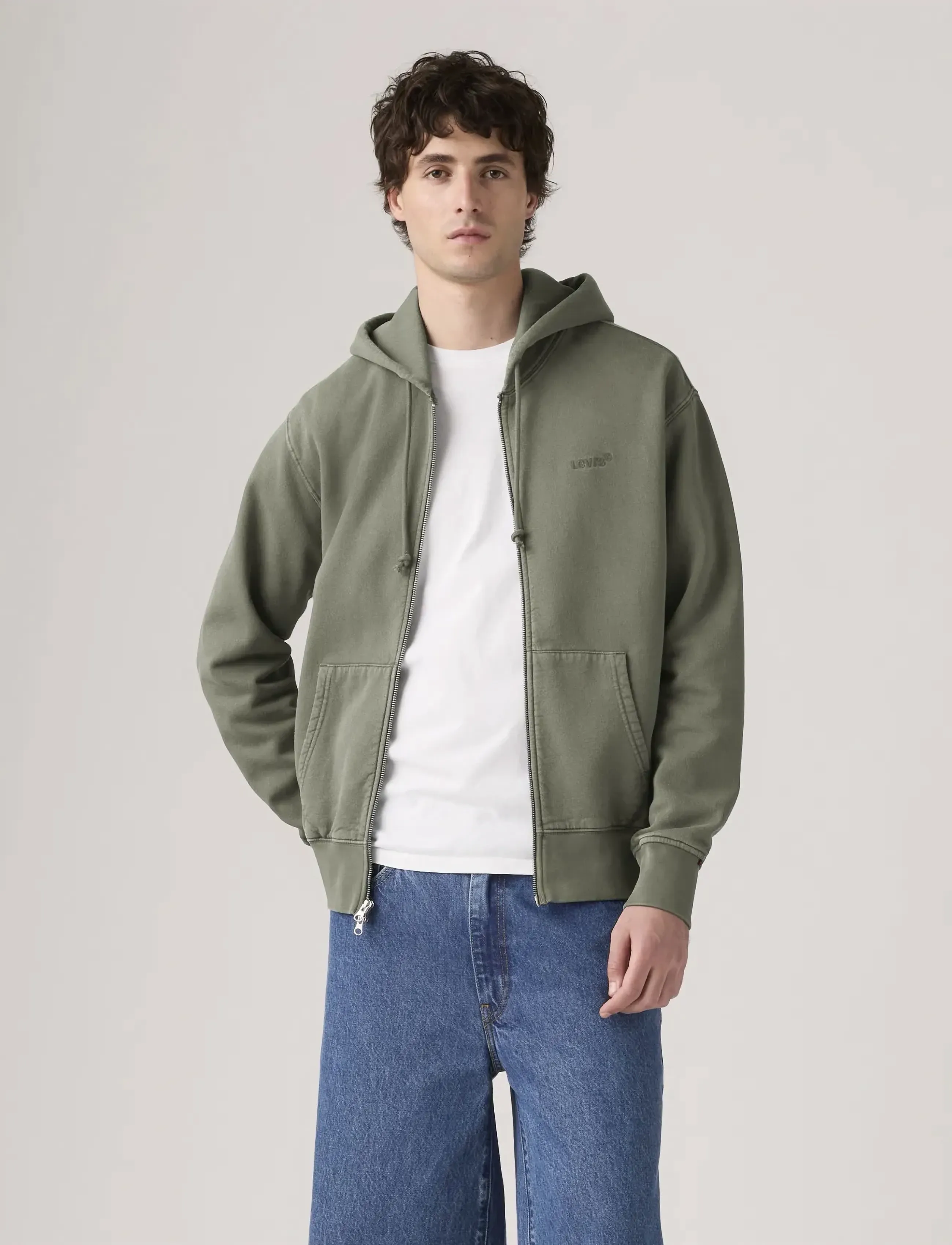 Levi's Authentic Full Zip Garment Dye, Mænd, Lynlås Hoodie, Kakigrøn, Str: XXL