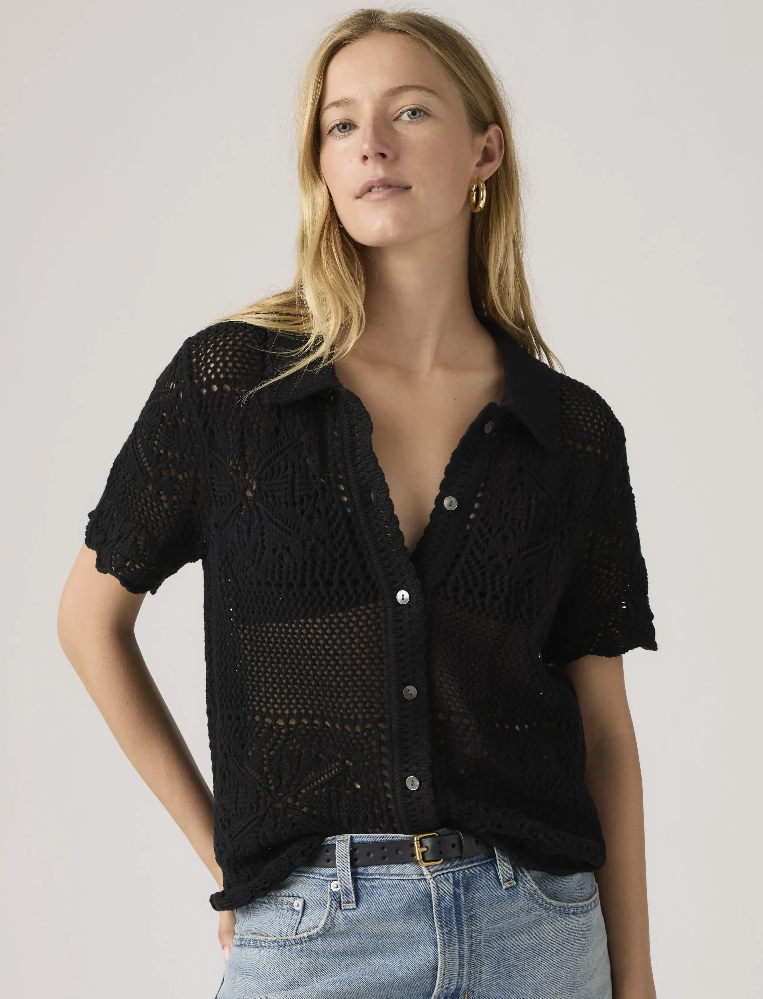 Levi's Susanna Floral Crochet Shirt A, XS, Shirts, Schwarz - Short-sleeved, Frauen