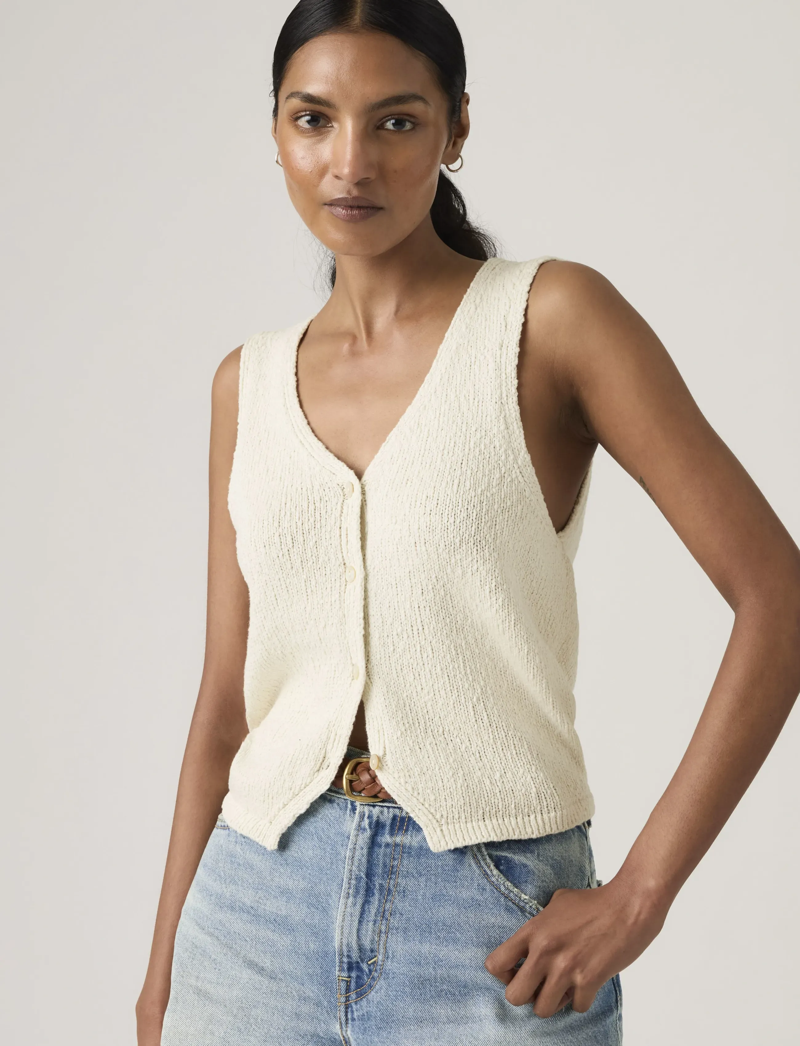 Levi's Helen Mini Boucle Vest Tofu Co, Kvinder, Strikket Vest, Cream, Str: L