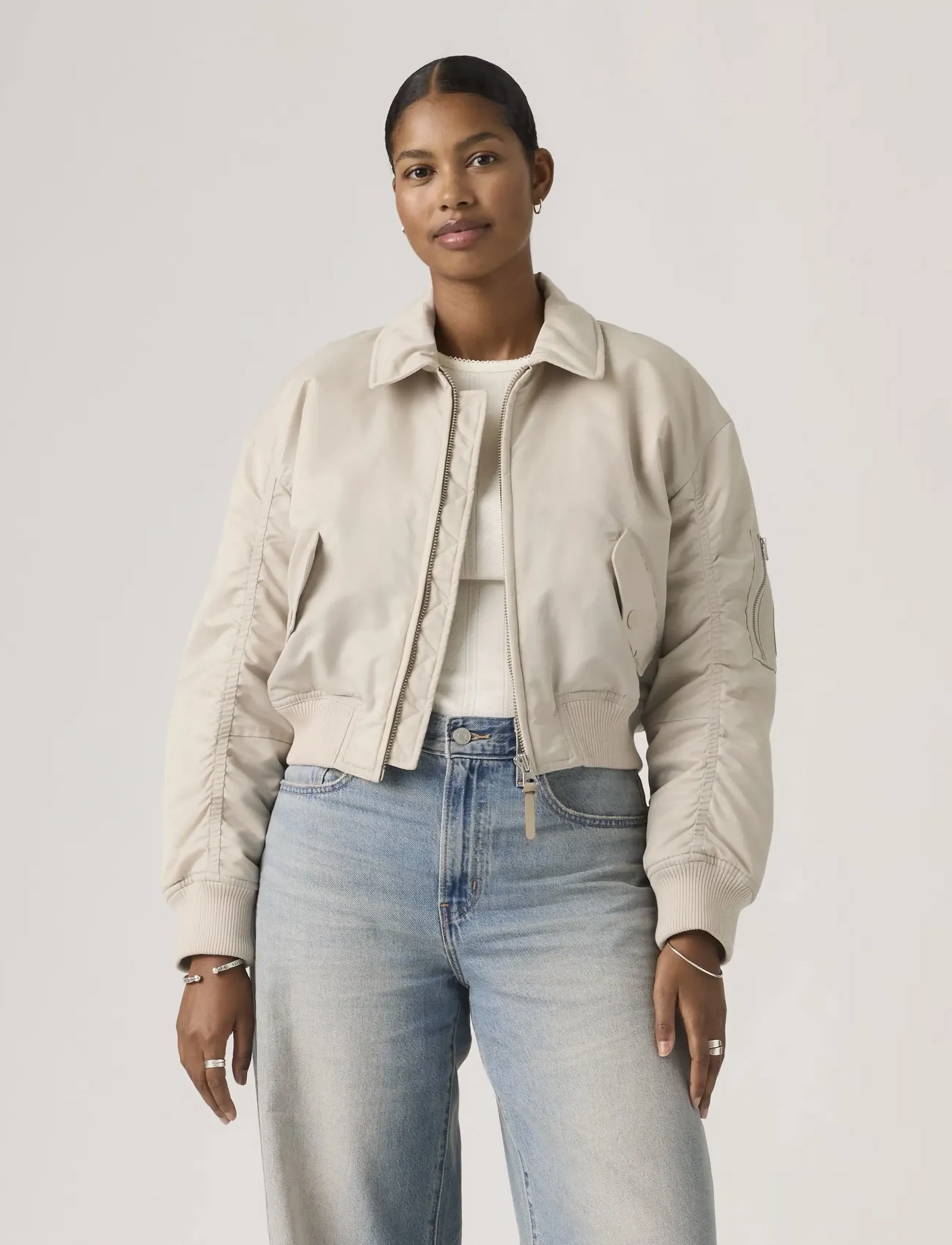 Levi's Bowie Crop Bomber Chateau Gray, L, Jackets, Creme - Bomber, Frauen