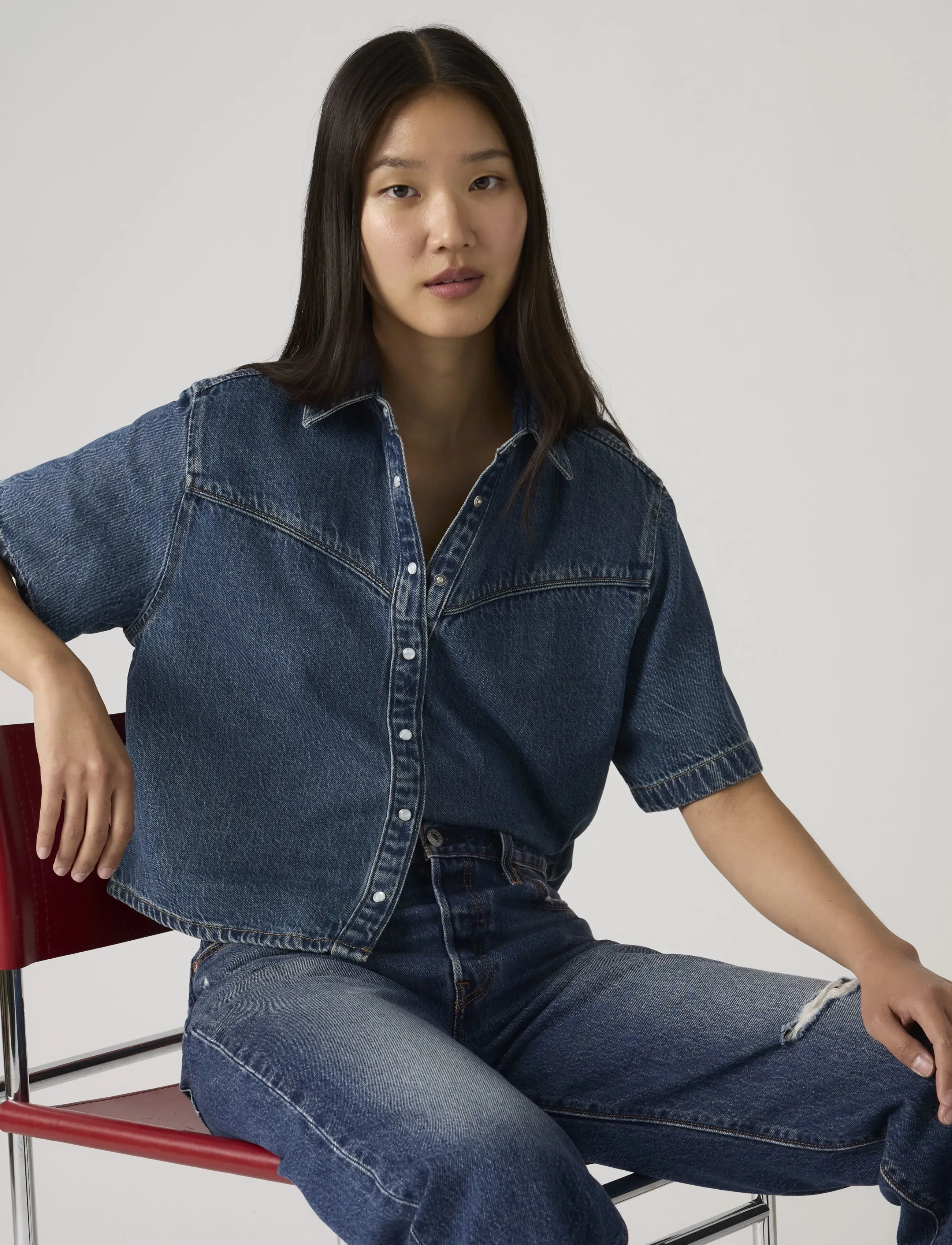 Levi's Logan Ss Denim Shirt Tencel Ti, XS, Shirts, Marineblau - Short-sleeved, Frauen