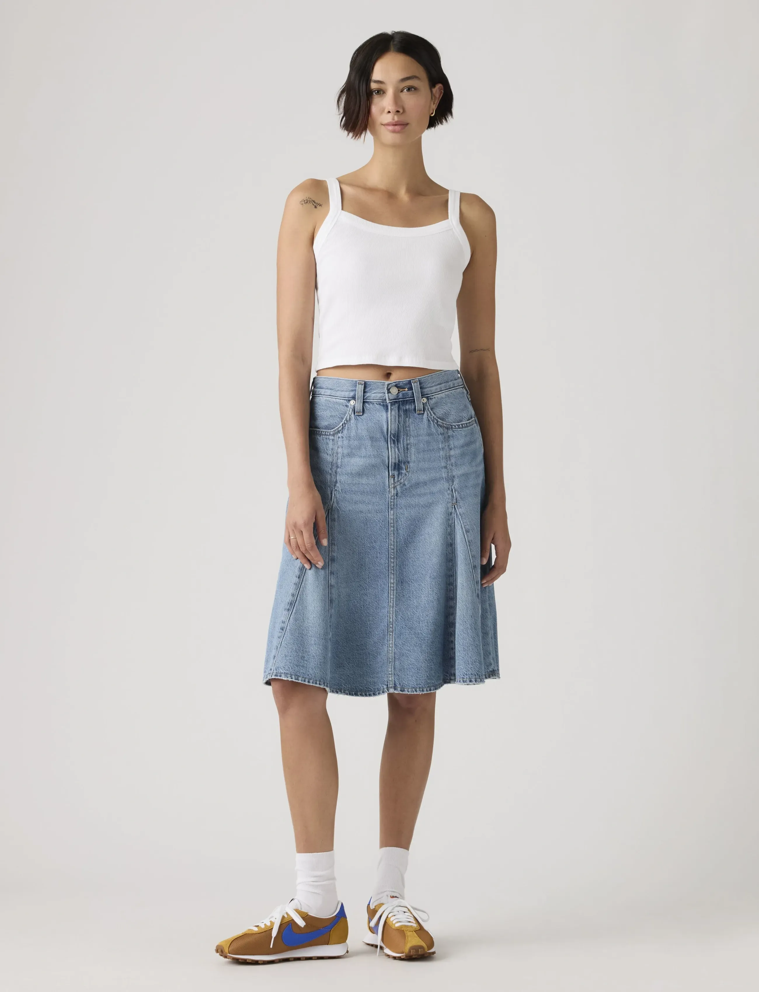 Levi's® GODET KNEE LENGTH SKIRT GOOD G - Midi-Röcke - MED INDIGO - WORN IN / blue