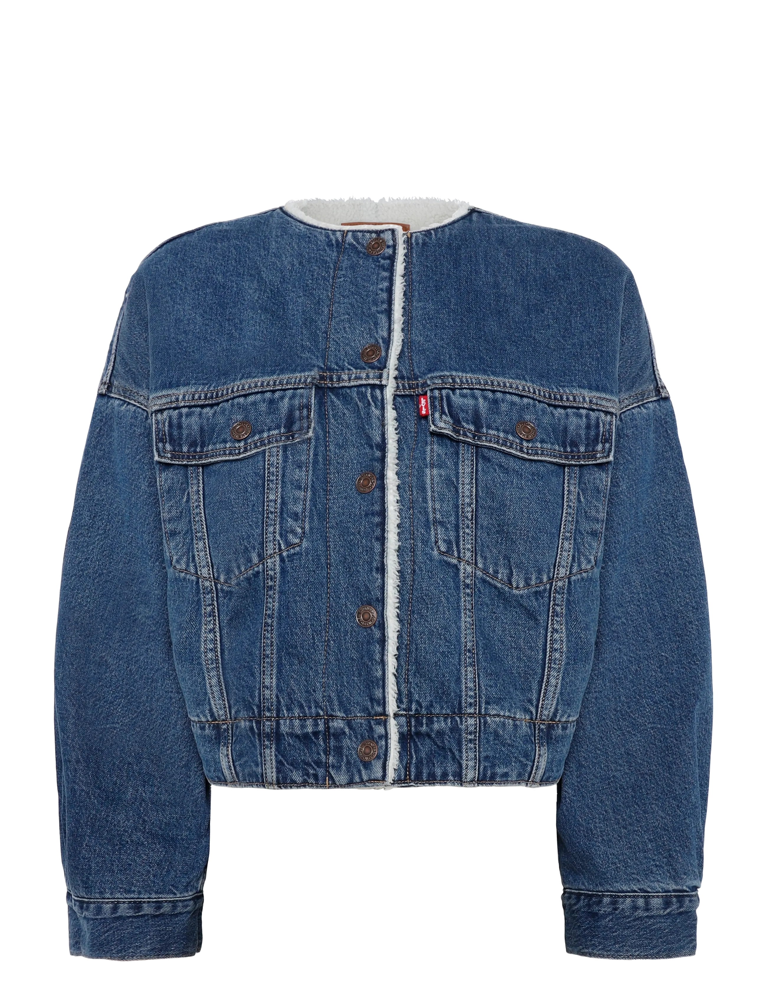 Levi's® - COLLARLESS CROP SHERPA TRUCKER - med indigo - worn in - 1