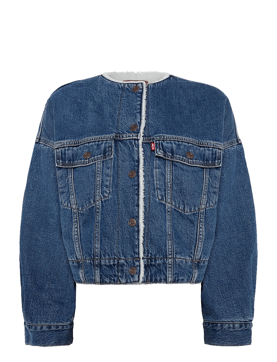 Levi's® - COLLARLESS CROP SHERPA TRUCKER - spring jackets - med indigo - worn in - 1