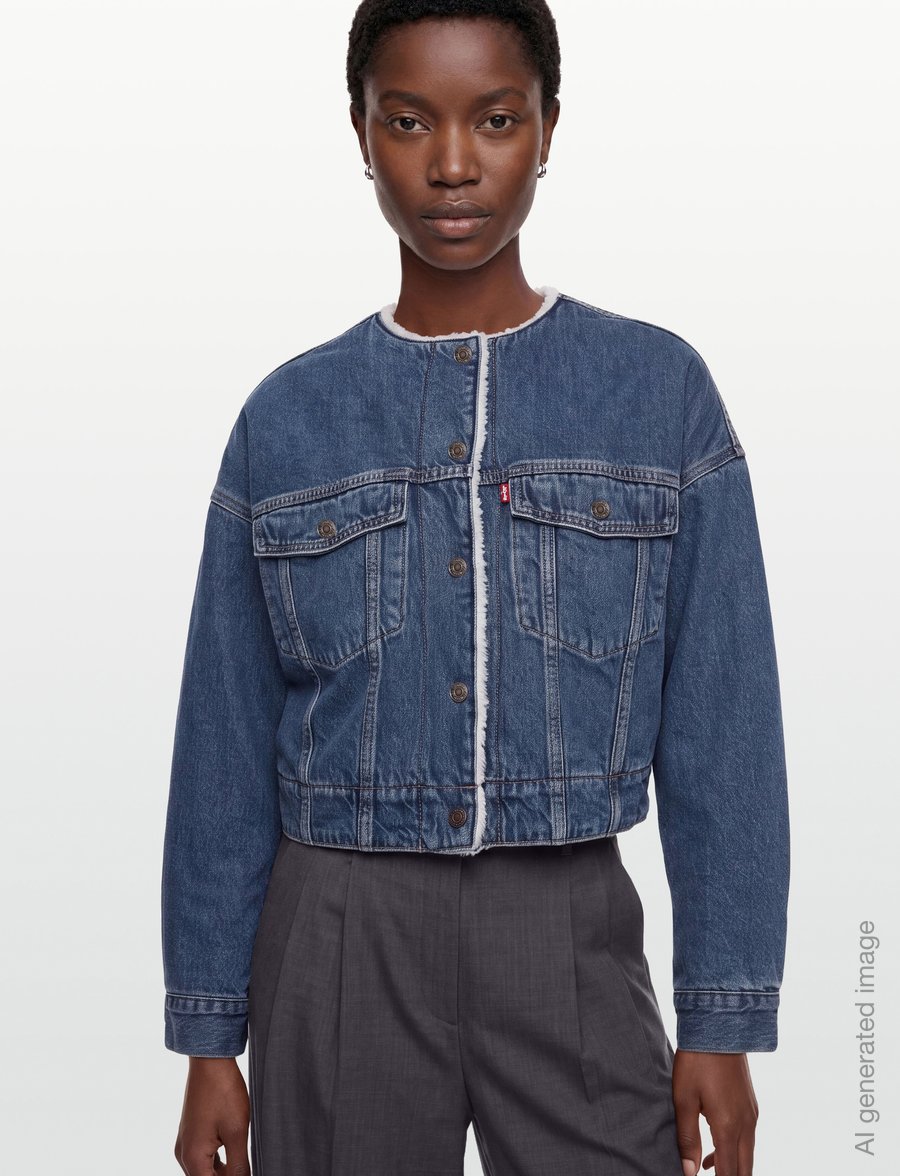 Levi's® - COLLARLESS CROP SHERPA TRUCKER - spring jackets - med indigo - worn in - 3