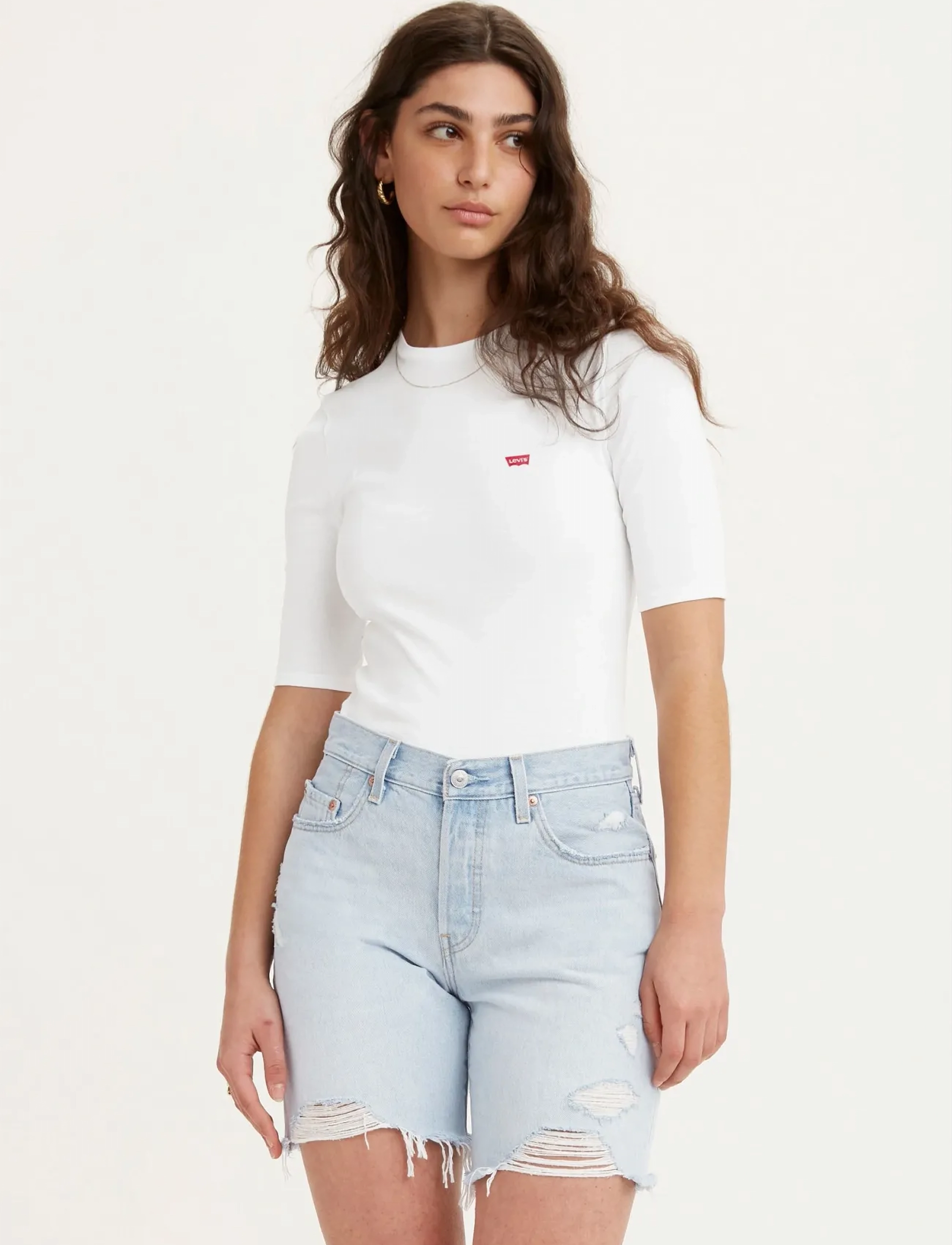 Levi's Luca Slim Tee White + Rib Knit, Kvinder, Ribstrikket Slim Halværmet T-Shirt, Hvid, Str: S