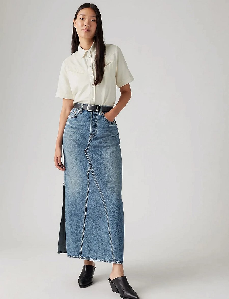 Levi's® - ICONIC LONG SKIRT W/SLIT VERIF - denim skirts - med indigo - worn in - 0