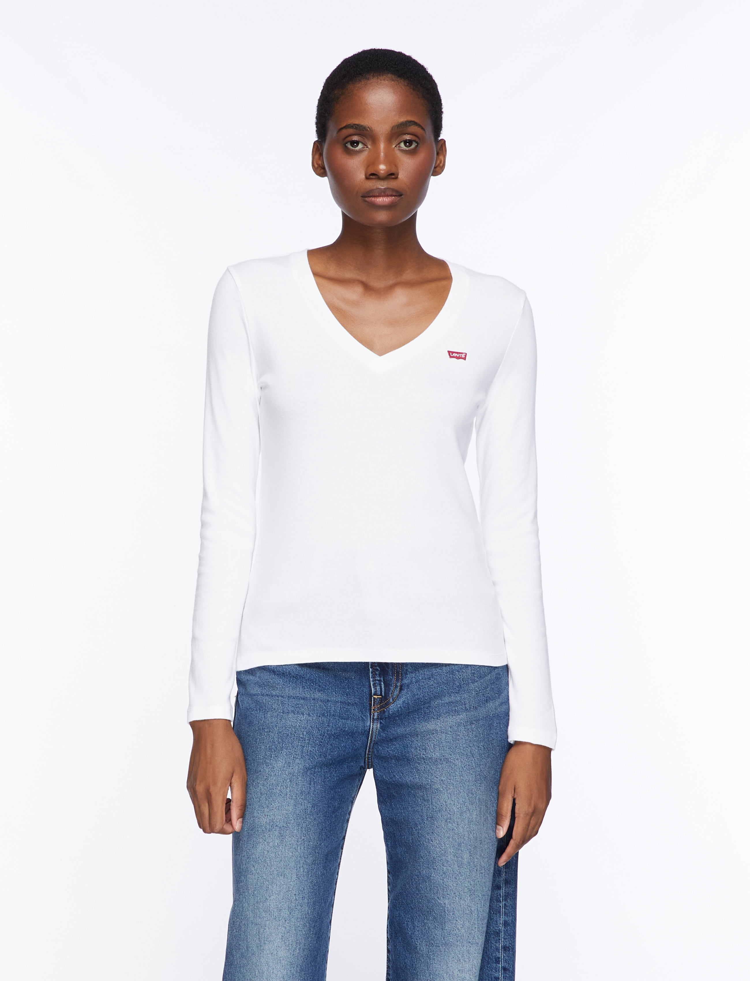 Levi's® ESSENTIAL HM LS VNECK WHITE + - T-shirts & Toppar - NEUTRALS / white