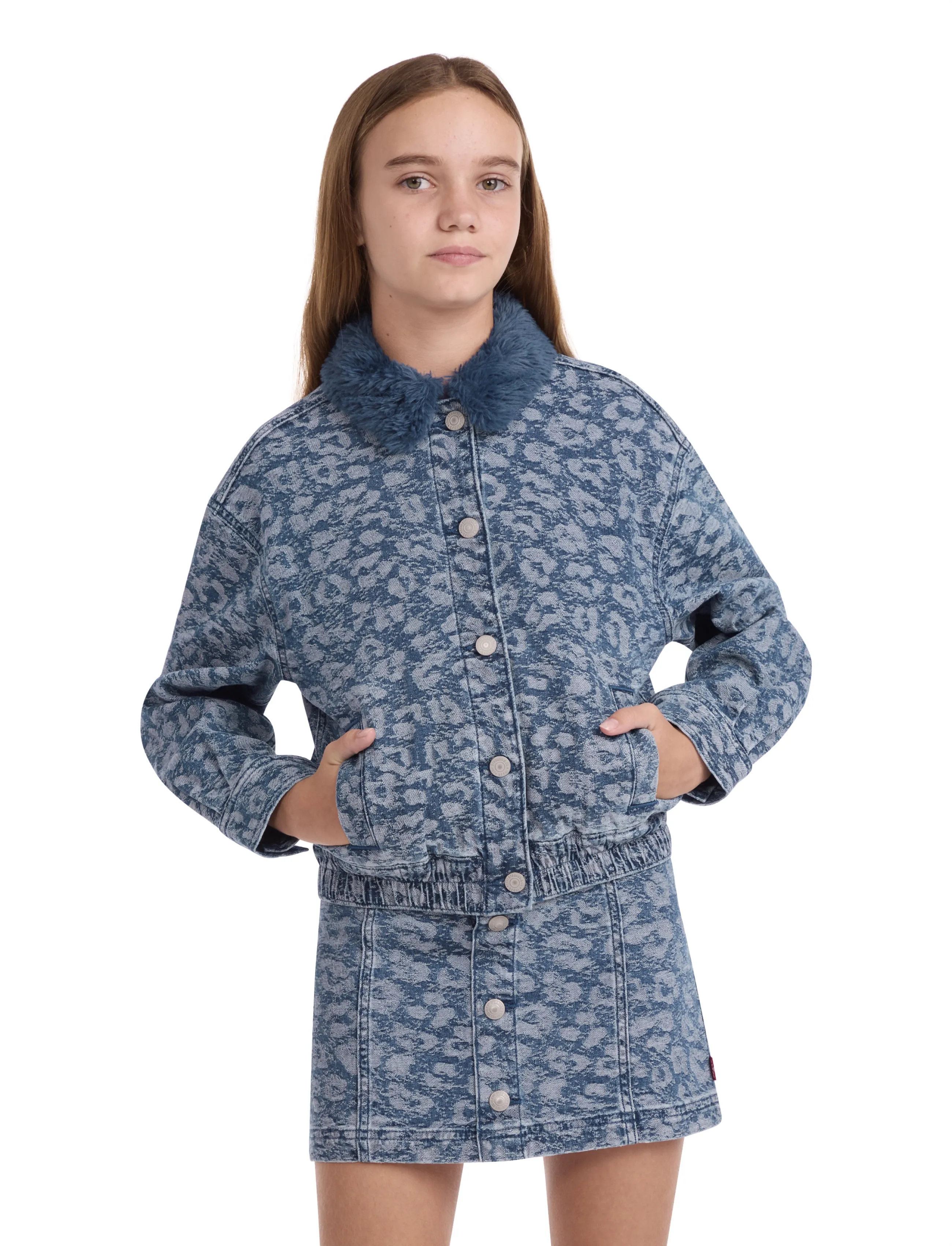 Levi's Levi's Fur Collar Leopard Oversized Trucker Jacket, 164 cm, Blue, Jakker Og Frakker > Denim Og Fløjl, Børn