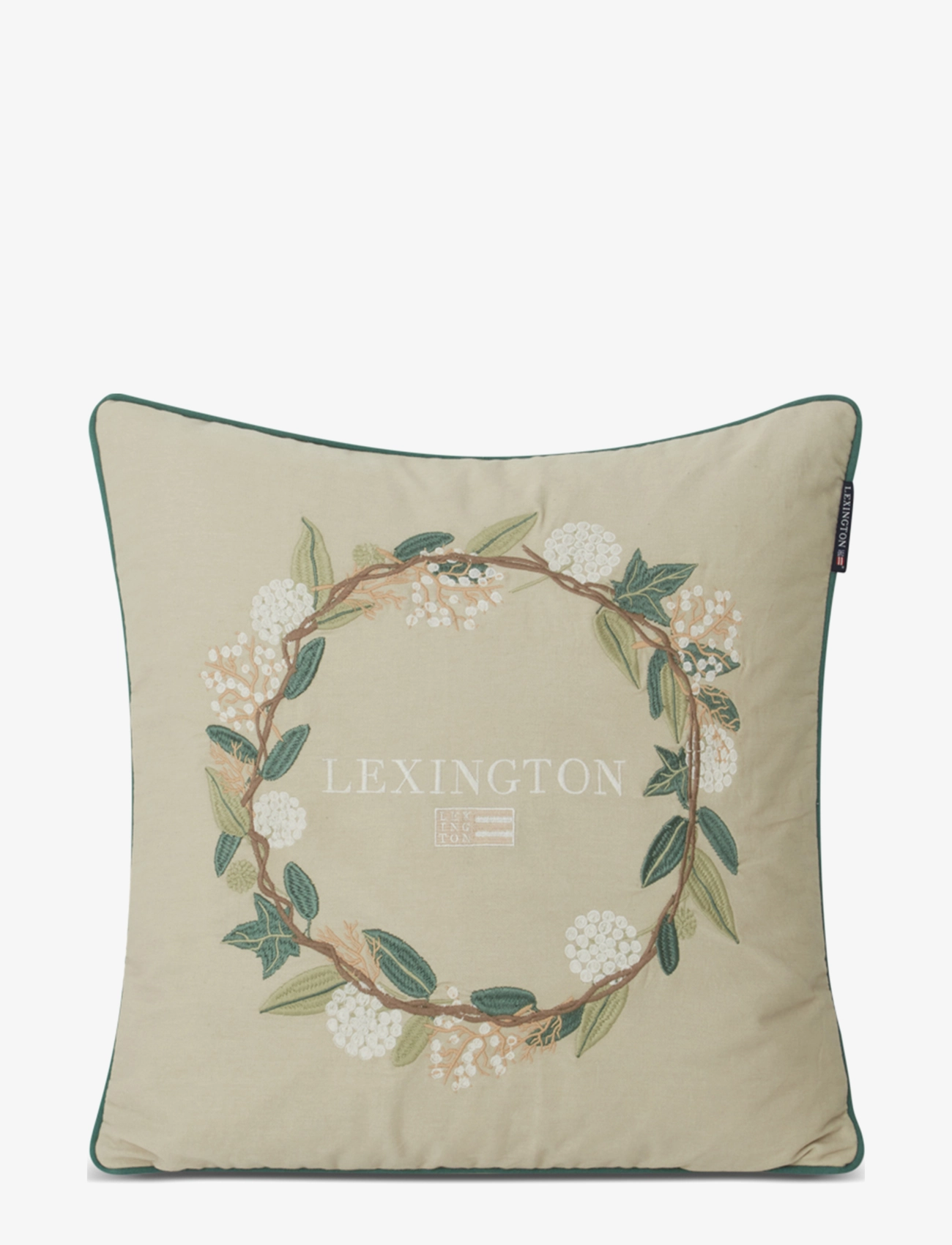 Lexington Home Wreath Logo Organic Cotton Twill Pillow Cover - Gaver - BEIGE/GREEN / beige