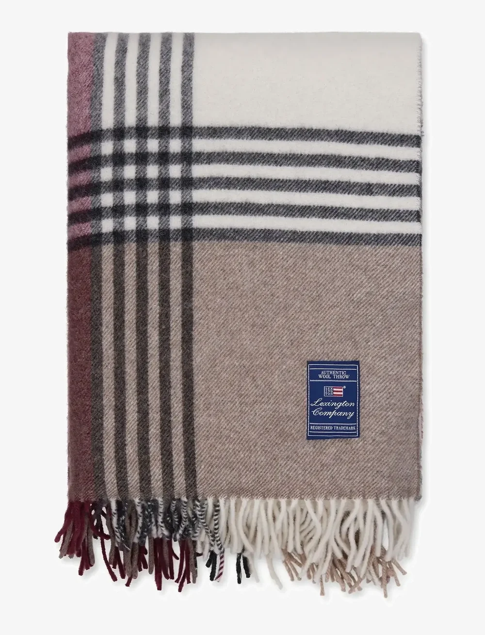 Lexington Home - Stone/Burgundy Checked Recycled Wool Throw - Über 100 € - stone/burgundy/beige - 0