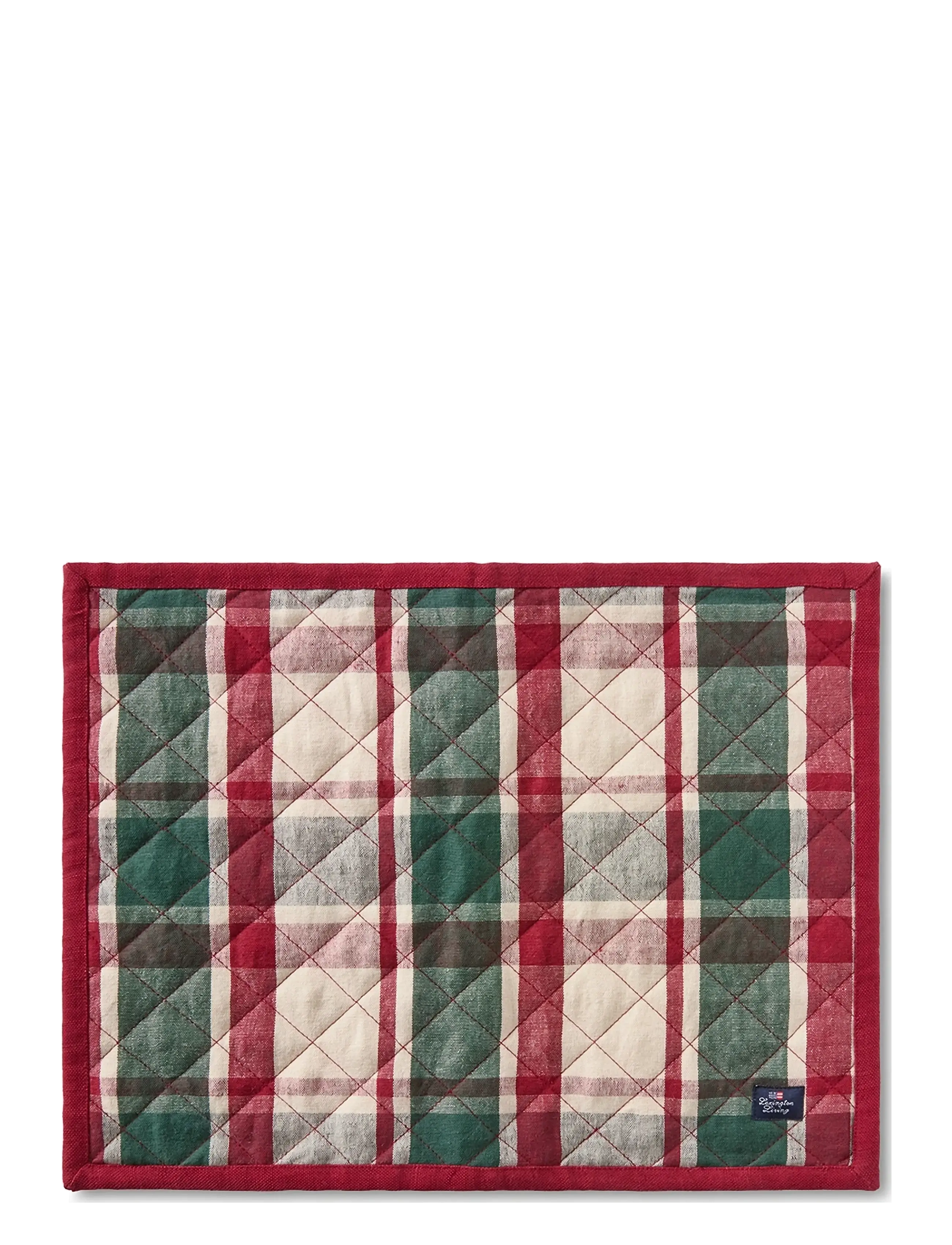 Quilted Checked Linen/Cotton Placemat - GREEN/RED/BEIGE