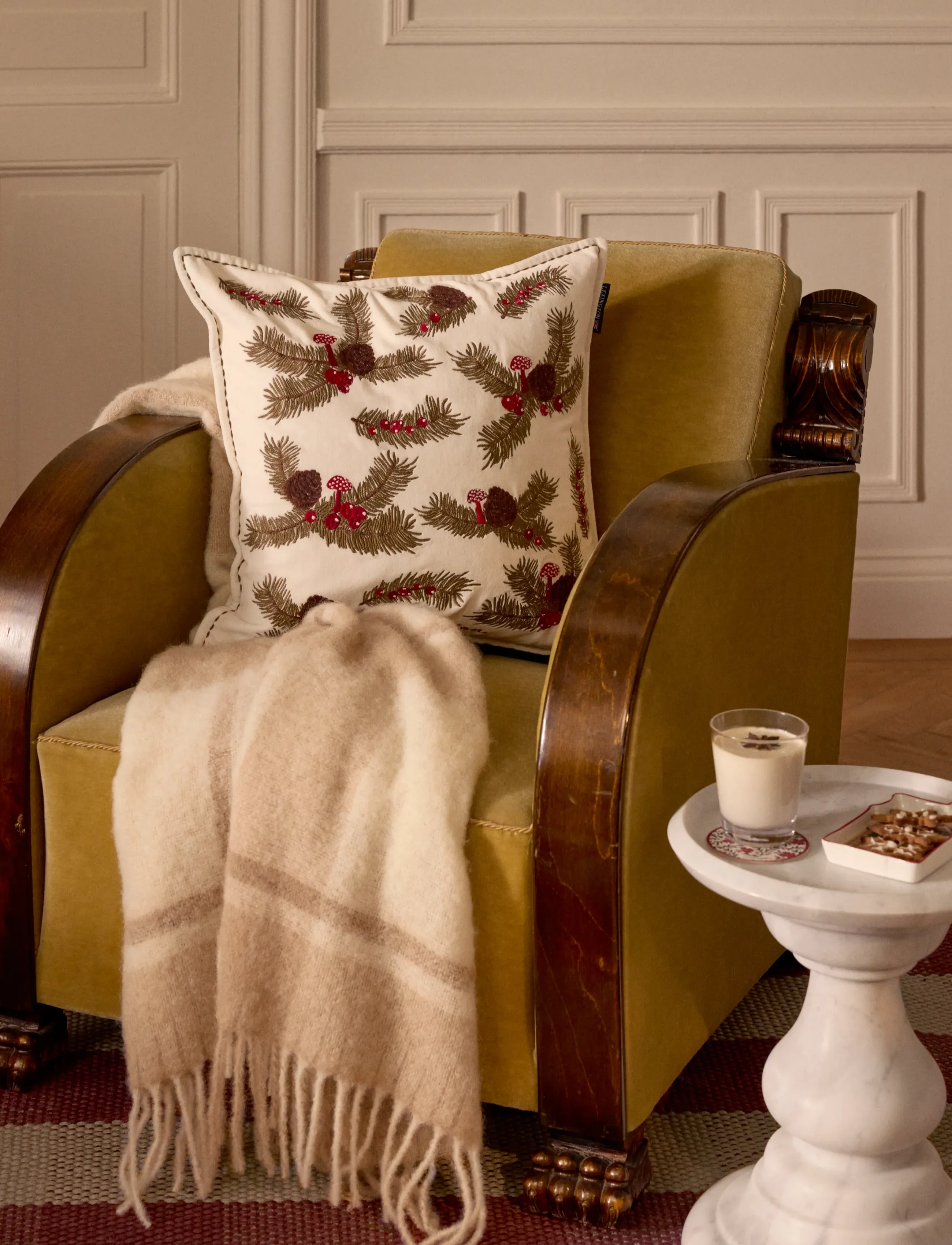 Lexington Home Pine Twigs Organic Cotton Velvet Pillow Cover, 50X50, Cushions & Blankets, Weiß - Cushions, Homeware