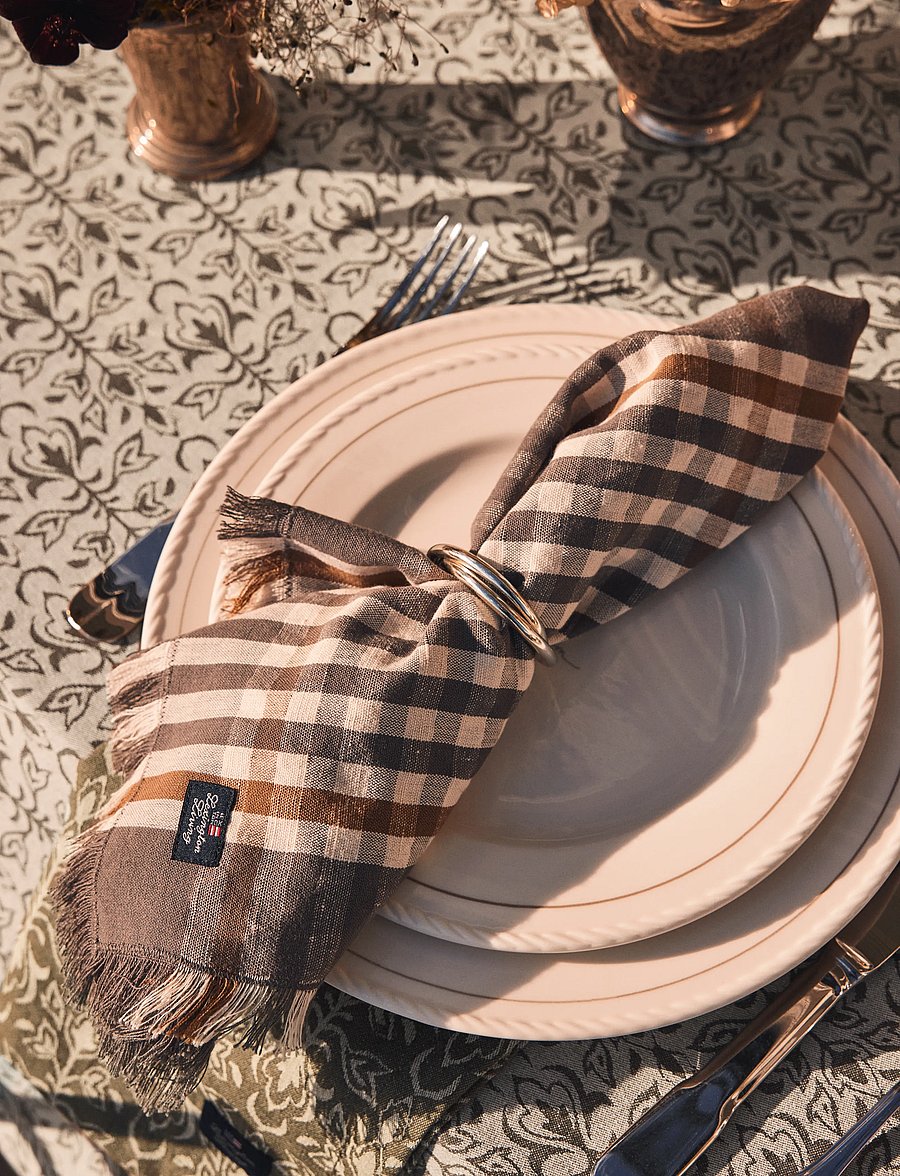 Lexington Home - Checked Linen/Cotton Napkin with Fringes - linased ja puuvillased salvrätikud - gray/white/fudge - 0