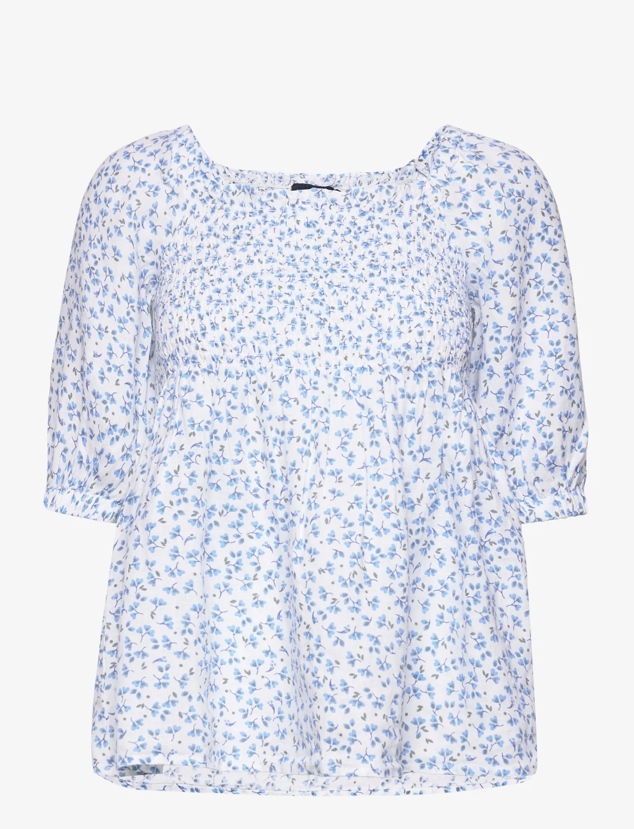 Lexington Clothing - Hazel Printed Linen Smock Top - lyhythihaiset puserot - blue flower print - 0