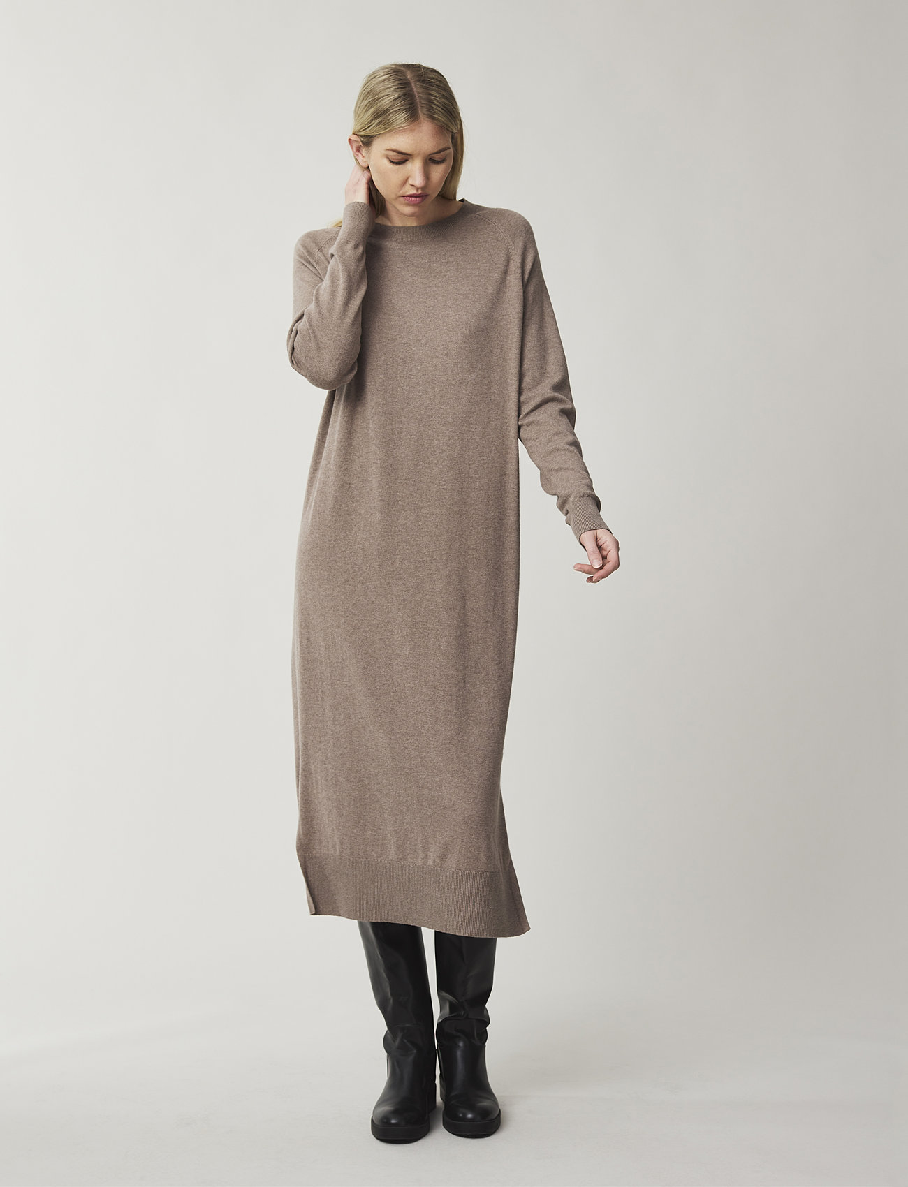 Lexington Clothing - Ivana Cotton/Cashmere Knitted Dress - neulemekot - light brown melange - 1