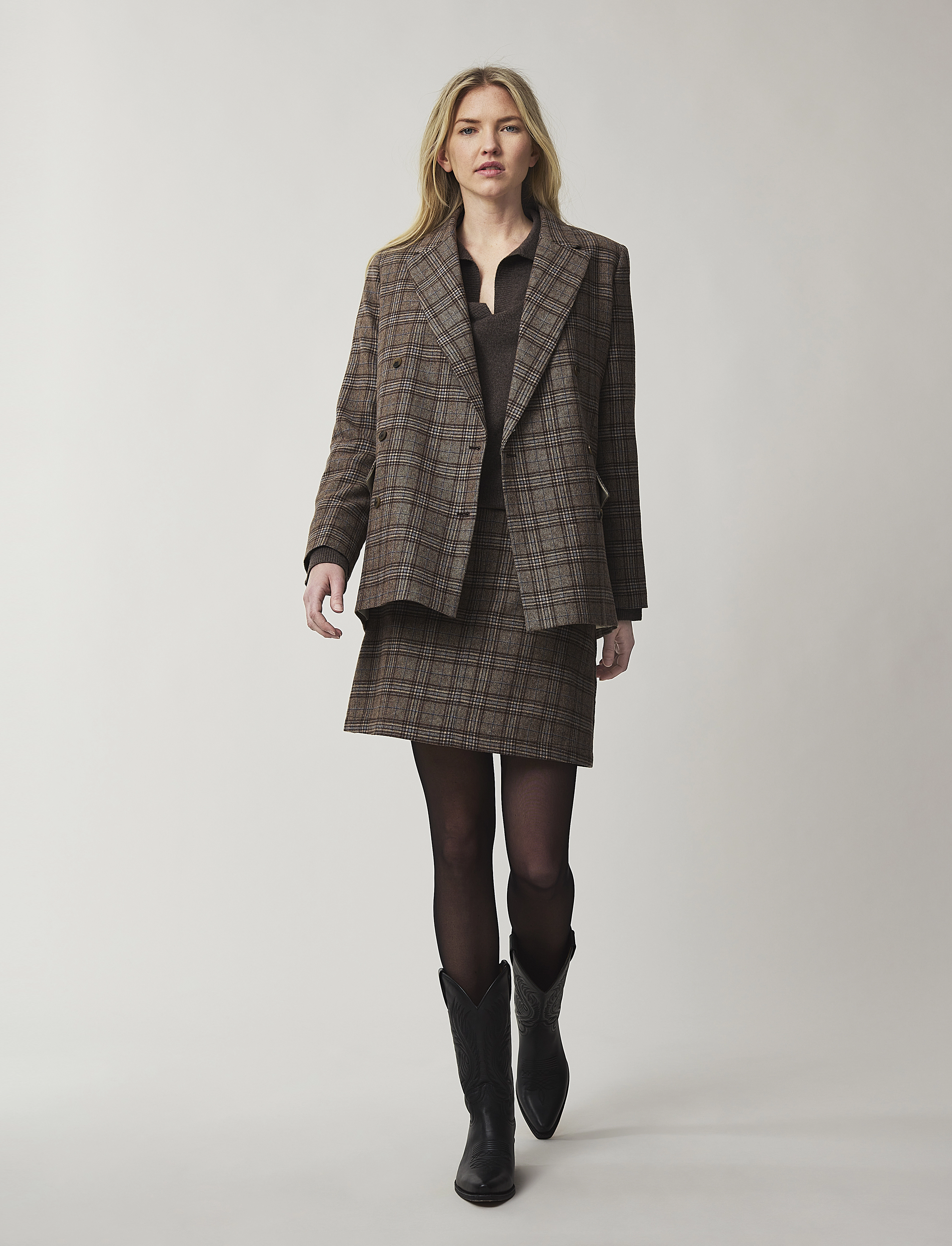 Lexington Clothing - Remi Double-Breasted Wool Blend Blazer - brown multi check - 1