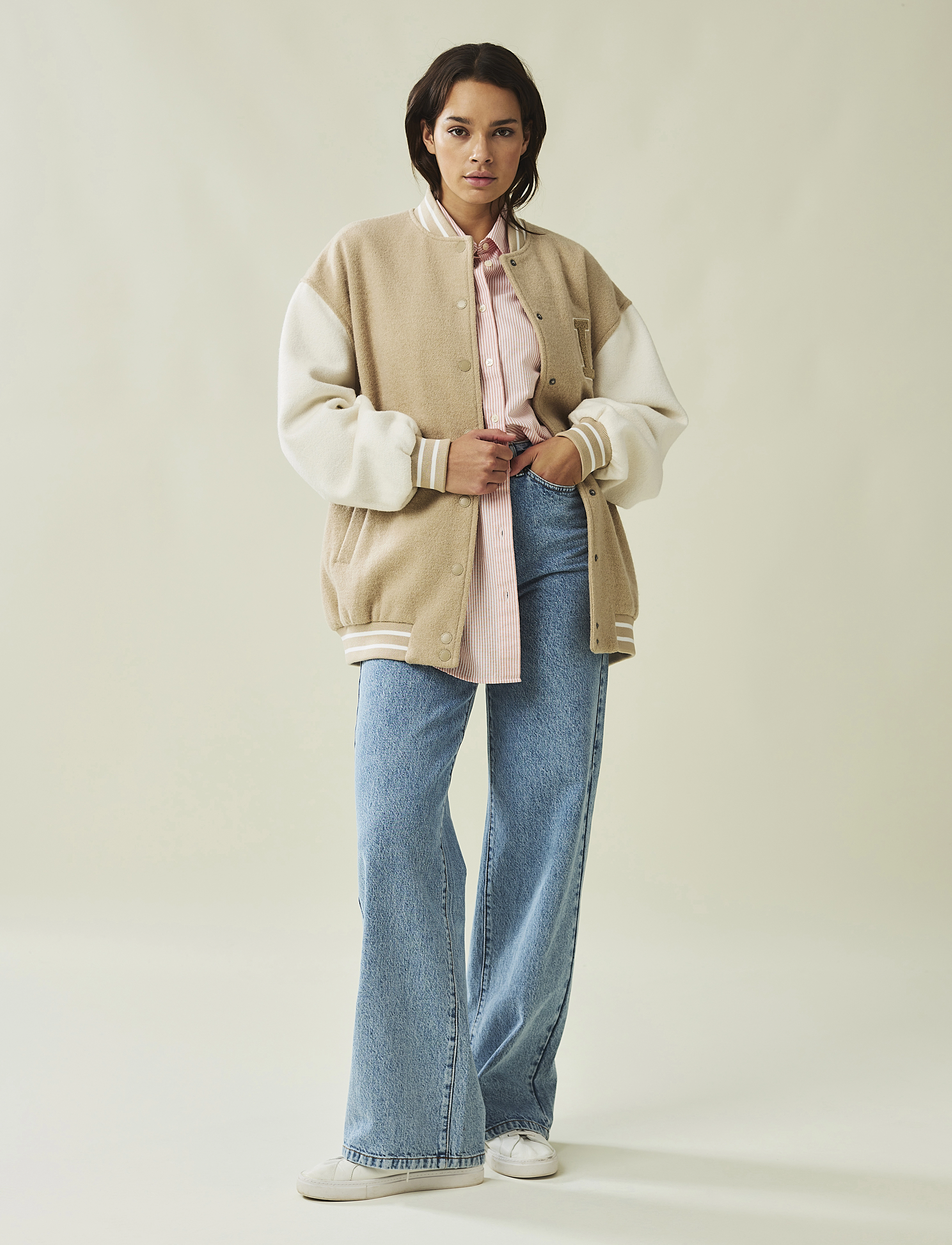 Lana Wool Blend Varsity Jacket - BEIGE