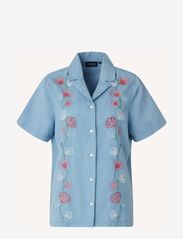 Lexington Clothing - Ajla Embroided Linen Blend Blouse - kortærmede skjorter - blue - 0