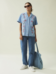 Lexington Clothing - Ajla Embroided Linen Blend Blouse - short-sleeved shirts - blue - 1