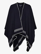 Palma Blanket Stitched Recycled Wool Blend Poncho - DK BLUE/WHITE STRIPE