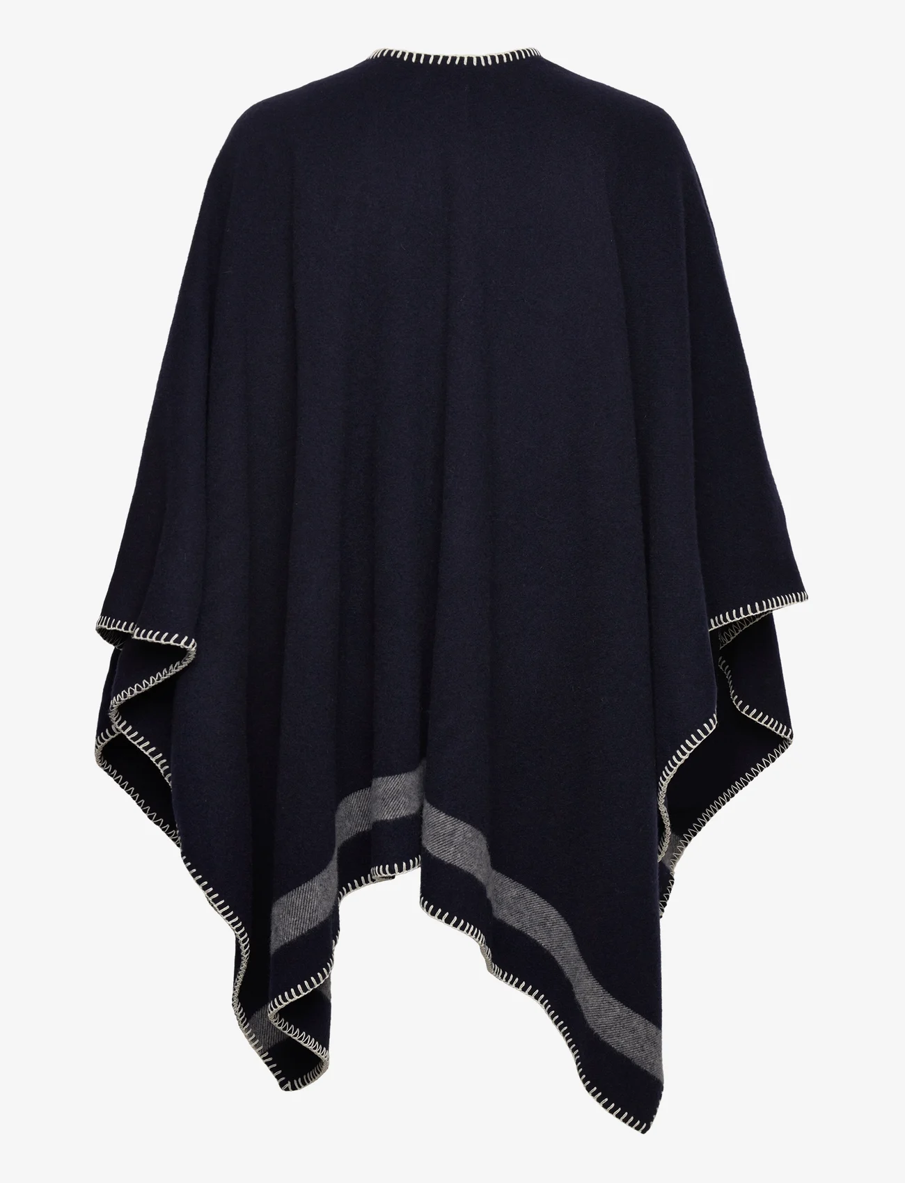 Lexington Clothing - Palma Blanket Stitched Recycled Wool Blend Poncho - ponchos & capes - dk blue/white stripe - 1