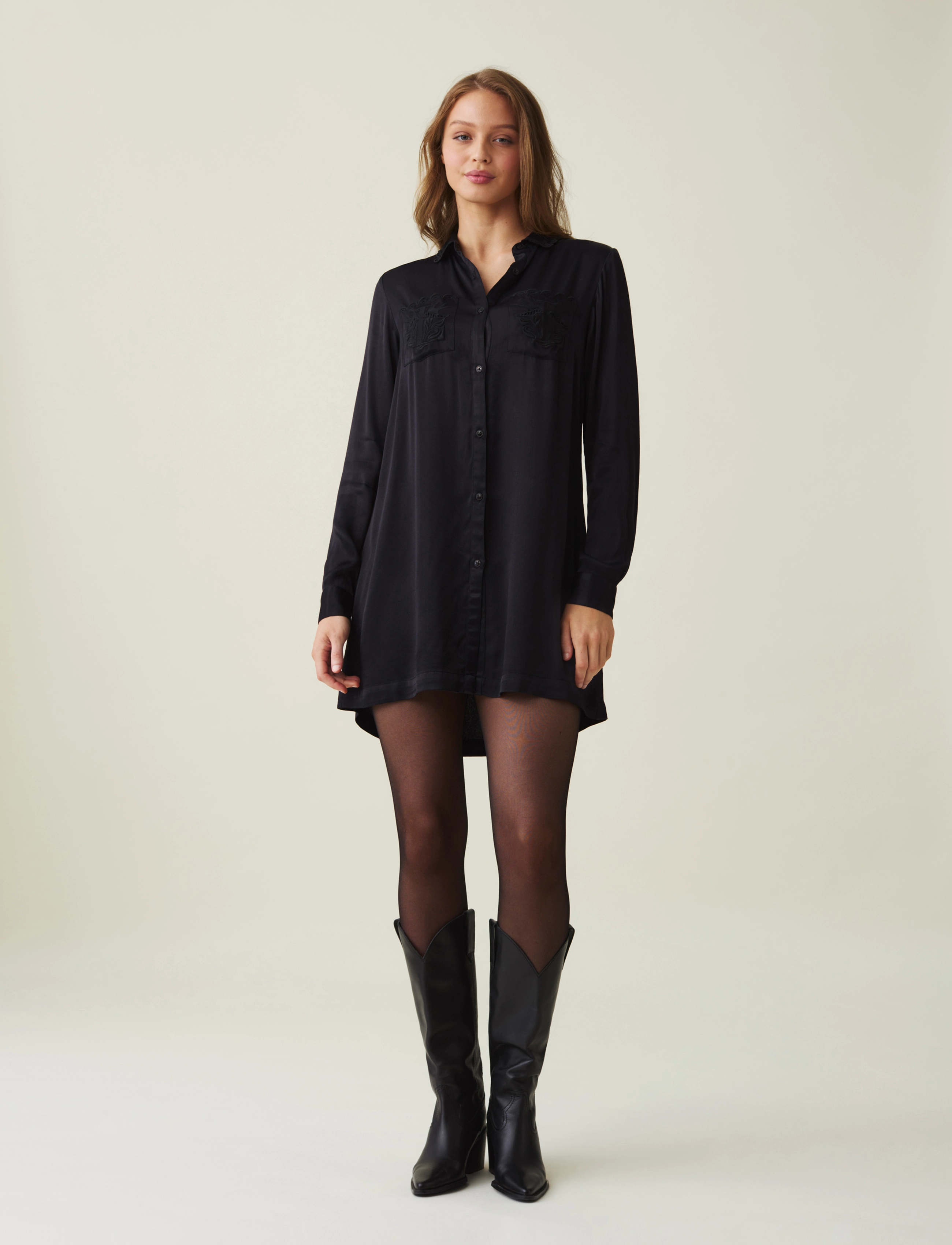 Lexington Clothing Isabel Embroidered Satin Dress - Skjortekjoler - BLACK / black