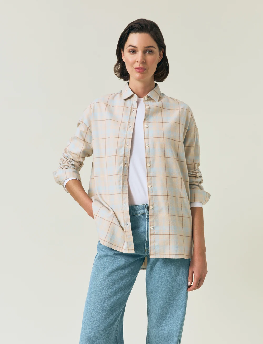 Lexington Clothing - Oversized Organic Cotton Check Flannel Shirt - long-sleeved shirts - off white/lt blue check - 5