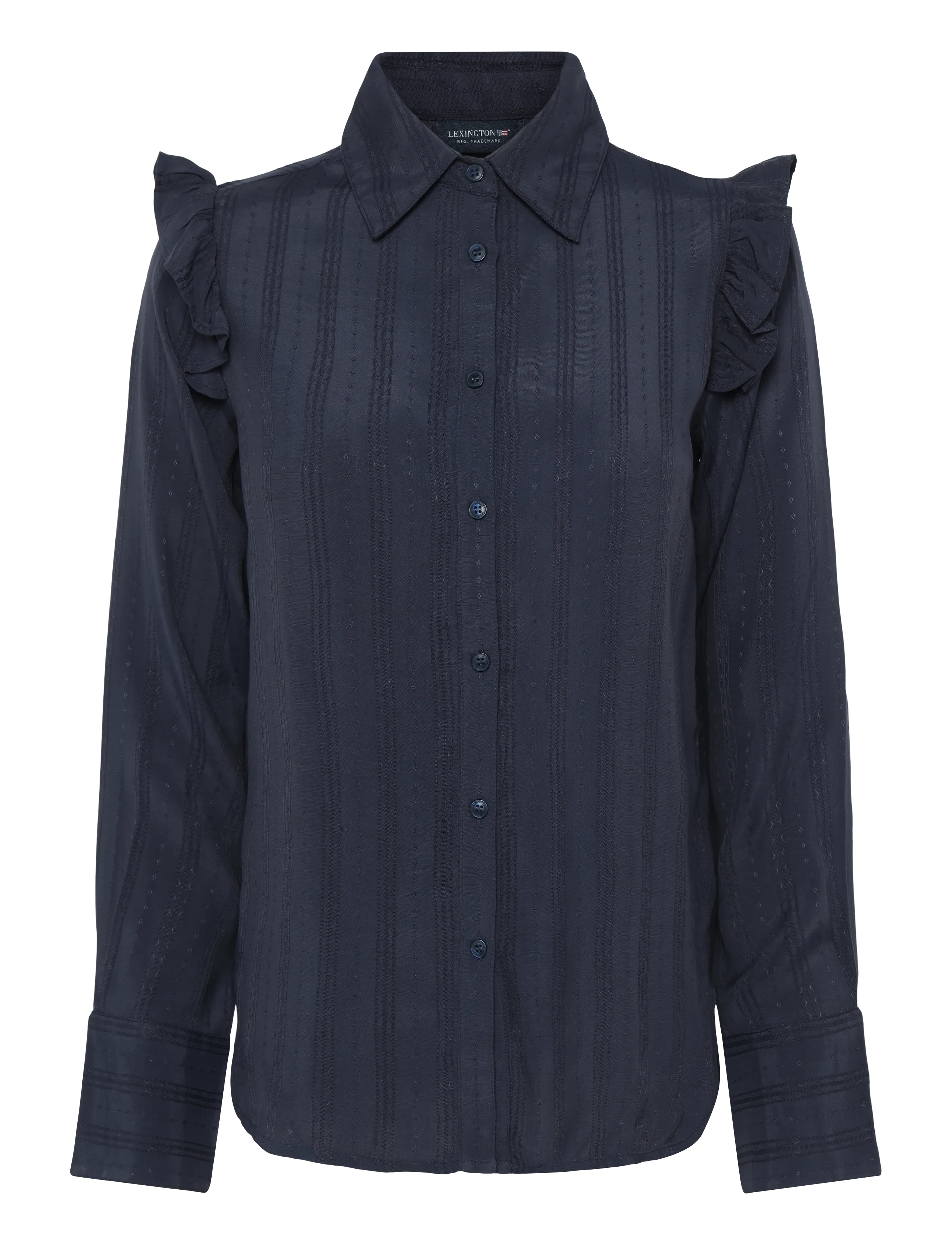 LEXINGTON CLOTHING Jacquard Weave Ruffle Bluse Navy - XS - Damen