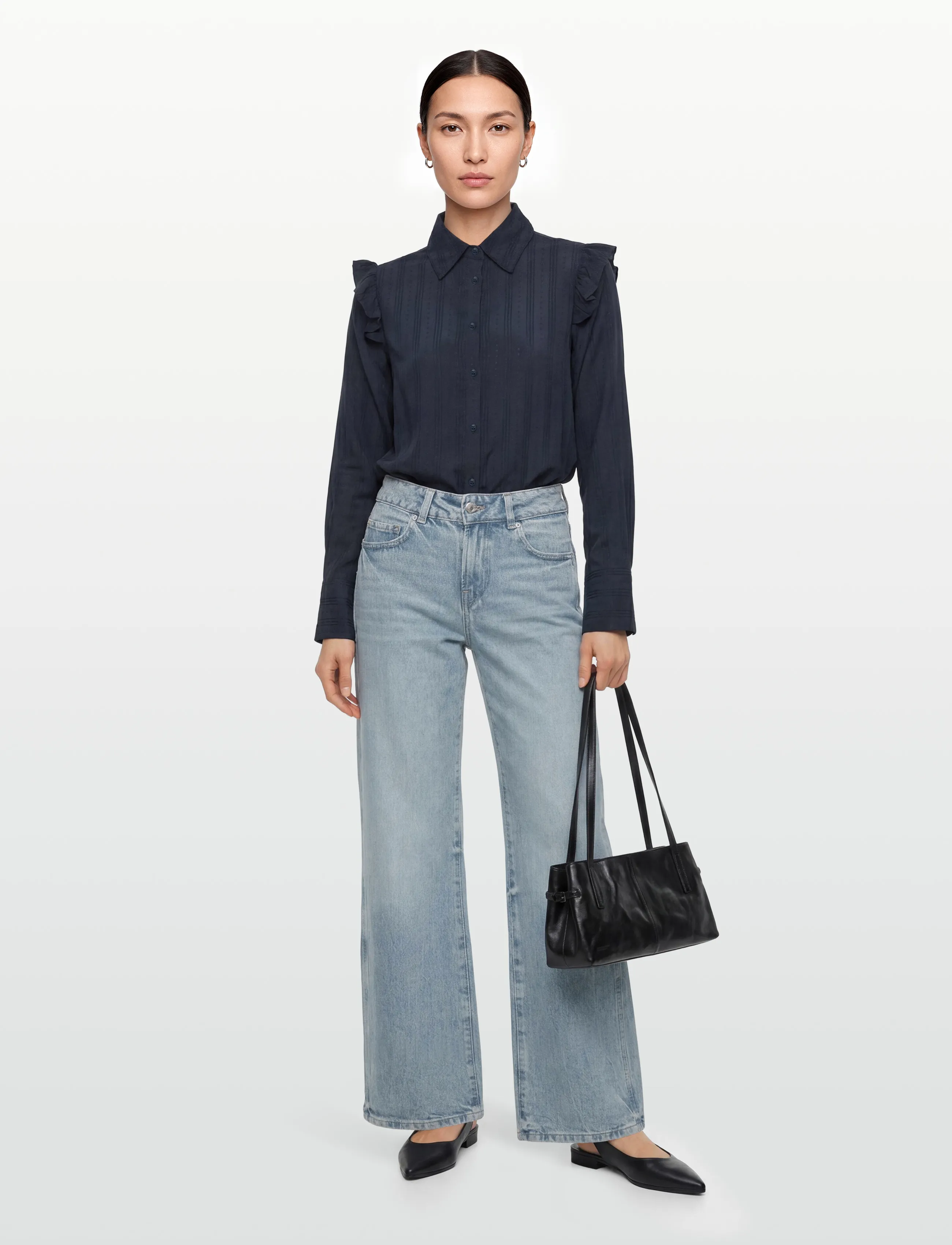 Lexington Clothing - Jacquard Weave Ruffle Blouse - langærmede bluser - dark blue - 0