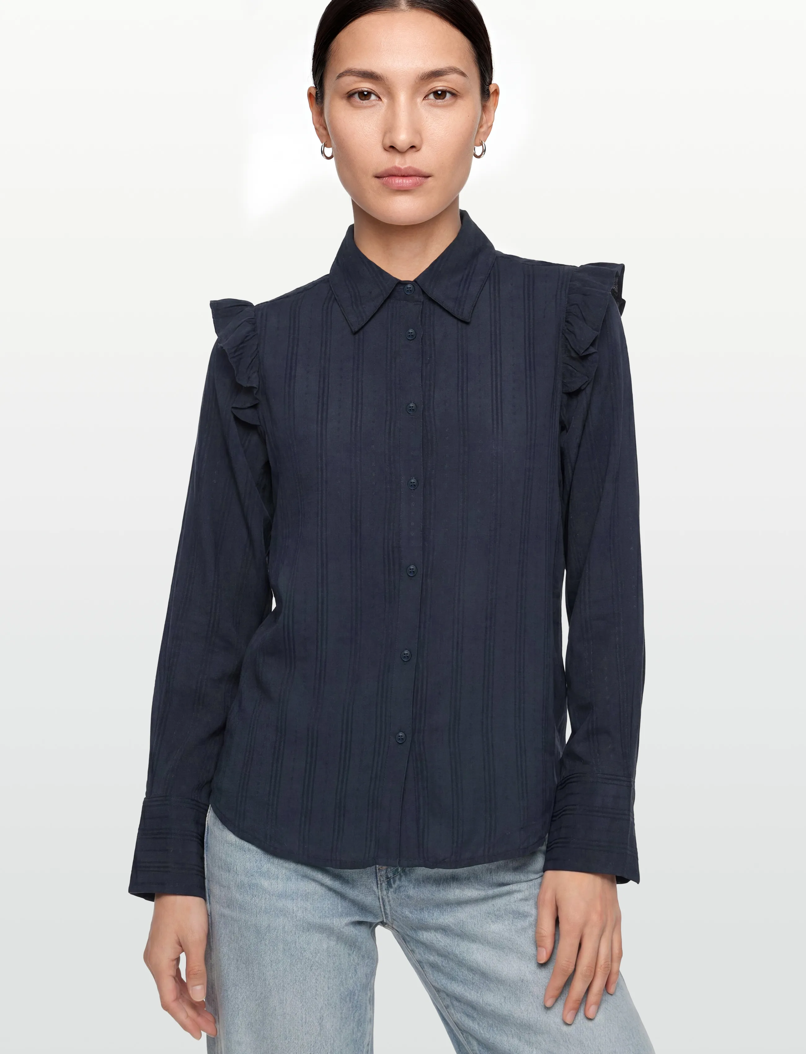 Lexington Clothing - Jacquard Weave Ruffle Blouse - langærmede bluser - dark blue - 3
